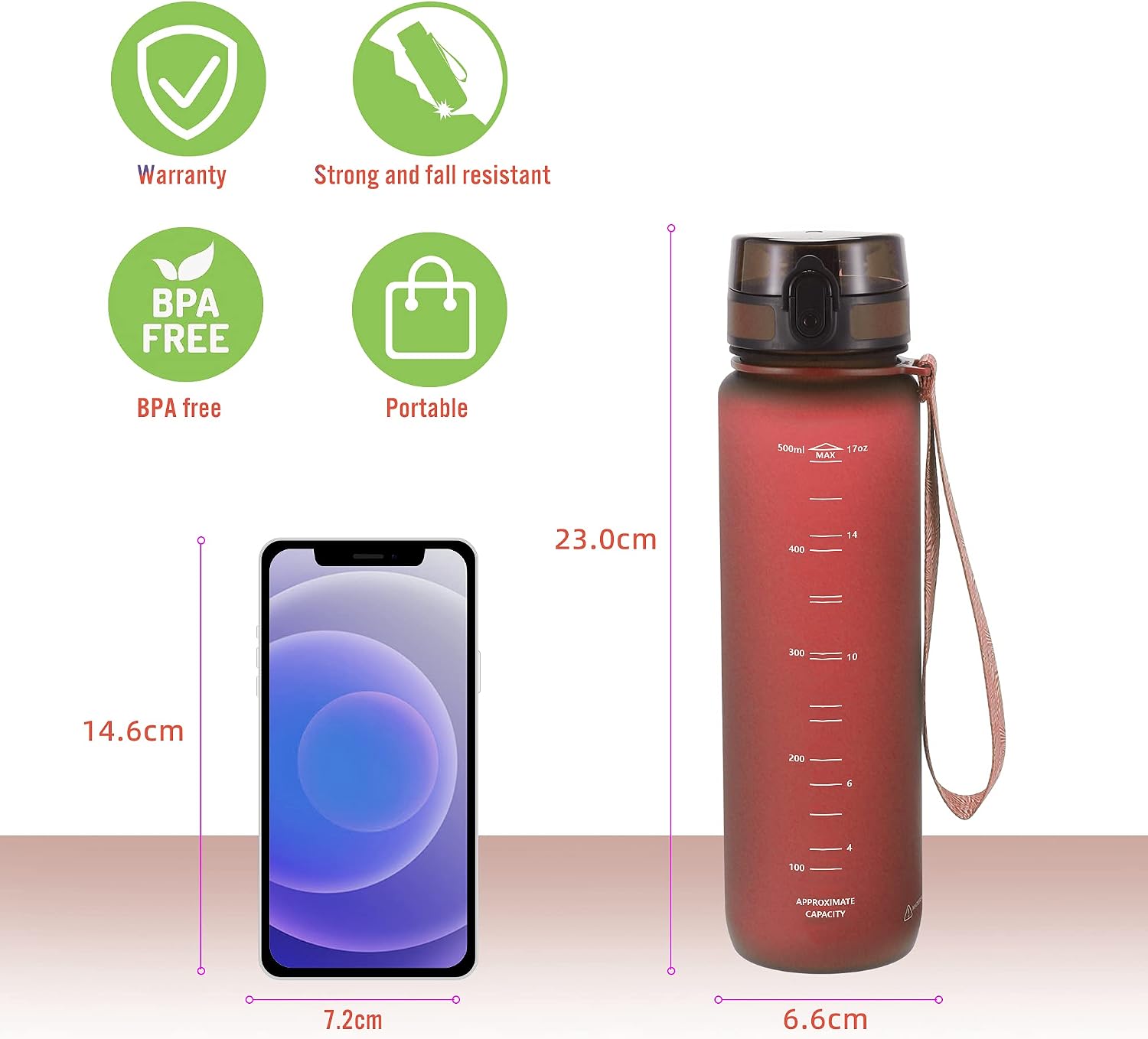 PROIRON Water Bottle 0.5L/1L Leak-Proof Drink Bottle BPA Free USA Tritan Material Gym Bottle with Protein Shaker, Flip Top Lid & Removable Strainer for Fitness Cycling, Gym Camping Outdoor Sports - الصورة 5