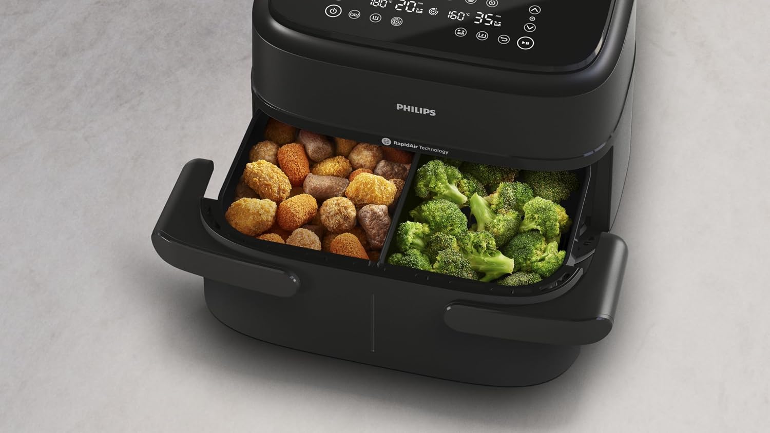 Philips Airfryer XL, 7.1L/1.2KG, 2450W, 10 Functions, 6 Presets | 1000 Series, Dual Basket 3.5L + 3.5L, Touchscreen, Rapid Air Plus Technology, Black, NA150/00 - الصورة 6