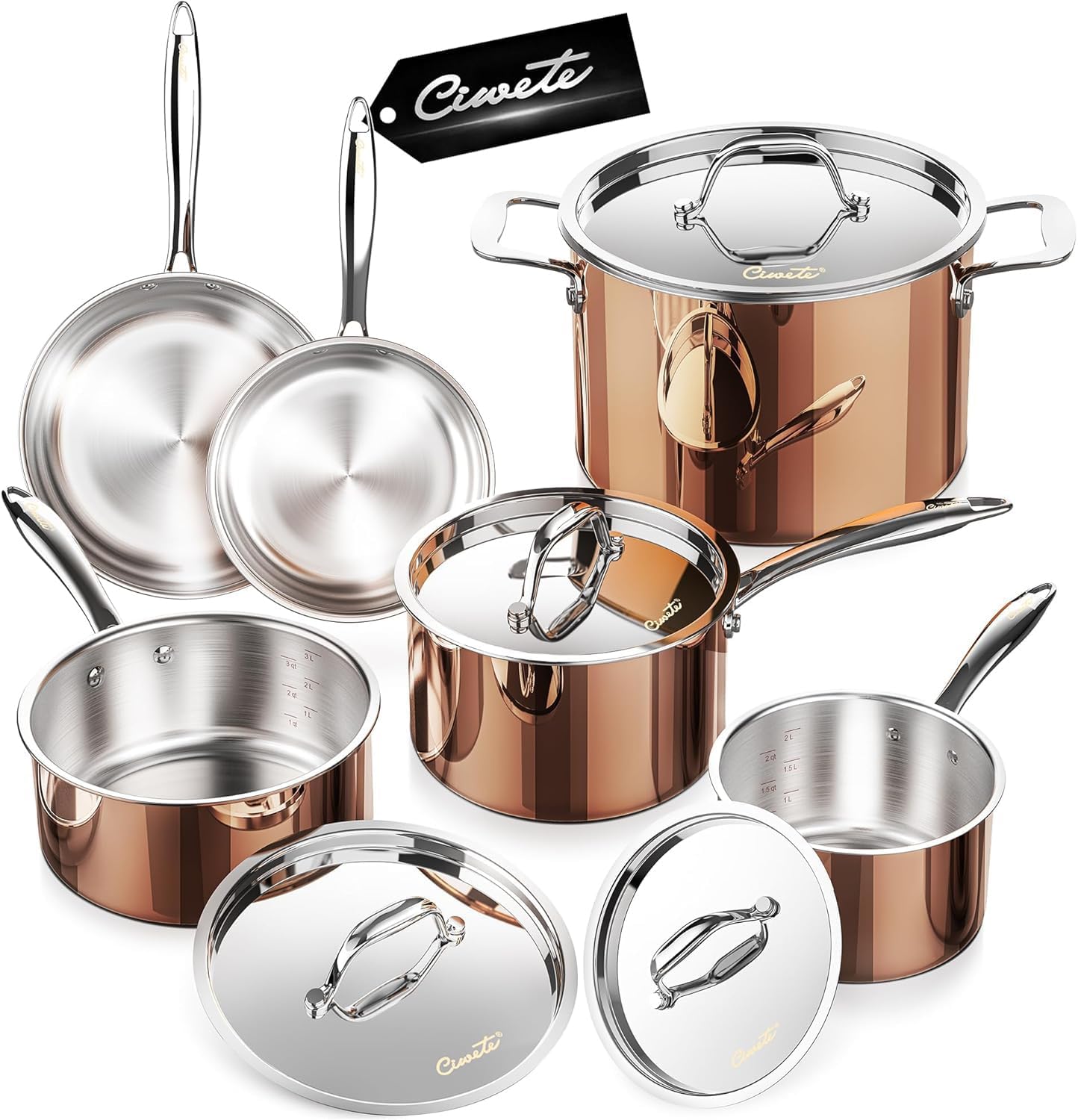 Ciwete Copper Pots and Pans Set Tri-ply Cookware Set 10 Piece, 18/10 Stainless Steel Pot and Pan Set with Stainless Steel Lid, More Nutritious, Include Stock Pot, Saucepan, Fry Pan