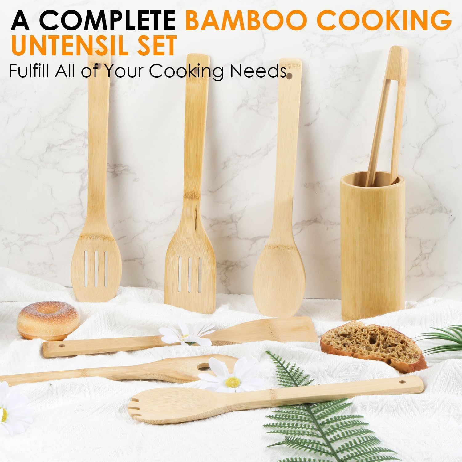 YelaJoy 8-Pack Natural Bamboo Cooking Utensils Set, Kitchen Utensils with Holder, Heat Resistant Durable Bamboo Kitchen Utensils, Cooking Tools for Home Daily Food Preparation - الصورة 2