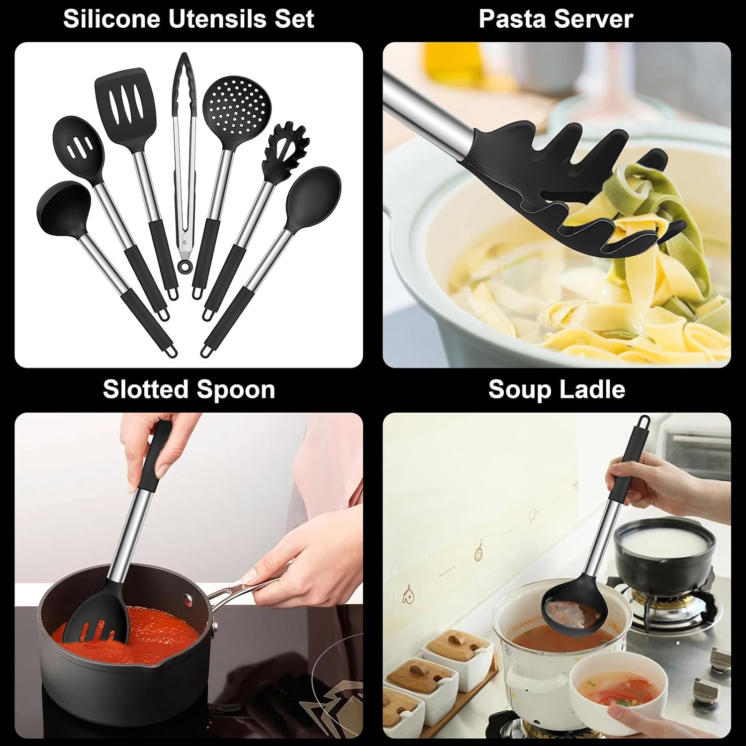E-far Silicone Kitchen Utensil Set, 7 Piece Heat-Resistant Kitchen Utensil Set with Stainless Steel Handle, Slotted Spatula, Spoon, Soup Ladle, Pasta Server, - الصورة 3