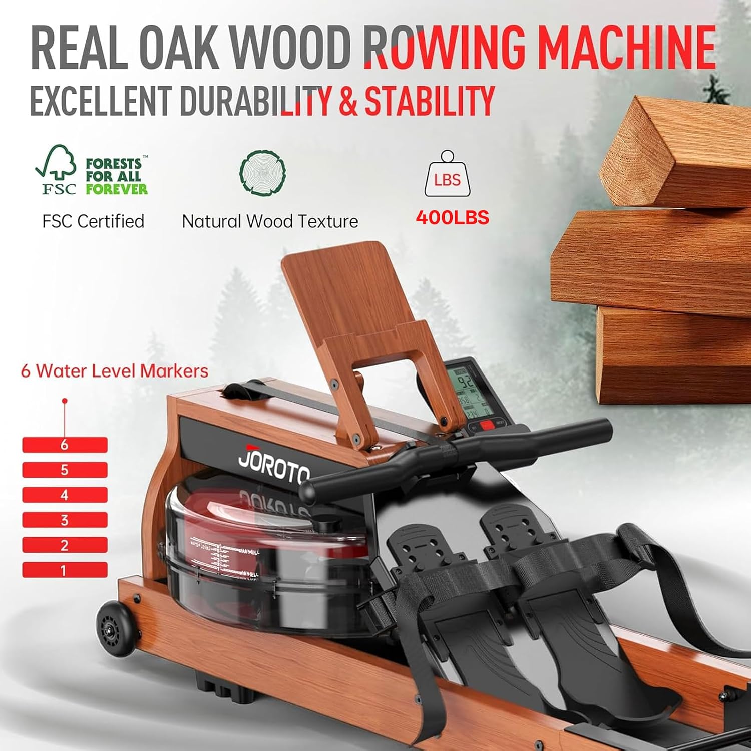 JOROTO Water Rowing Machine for Home Use, Oak Wood Foldable Rower Machine 330lbs Weight Capacity with Bluetooth Monitor, Tablet Holder - الصورة 2