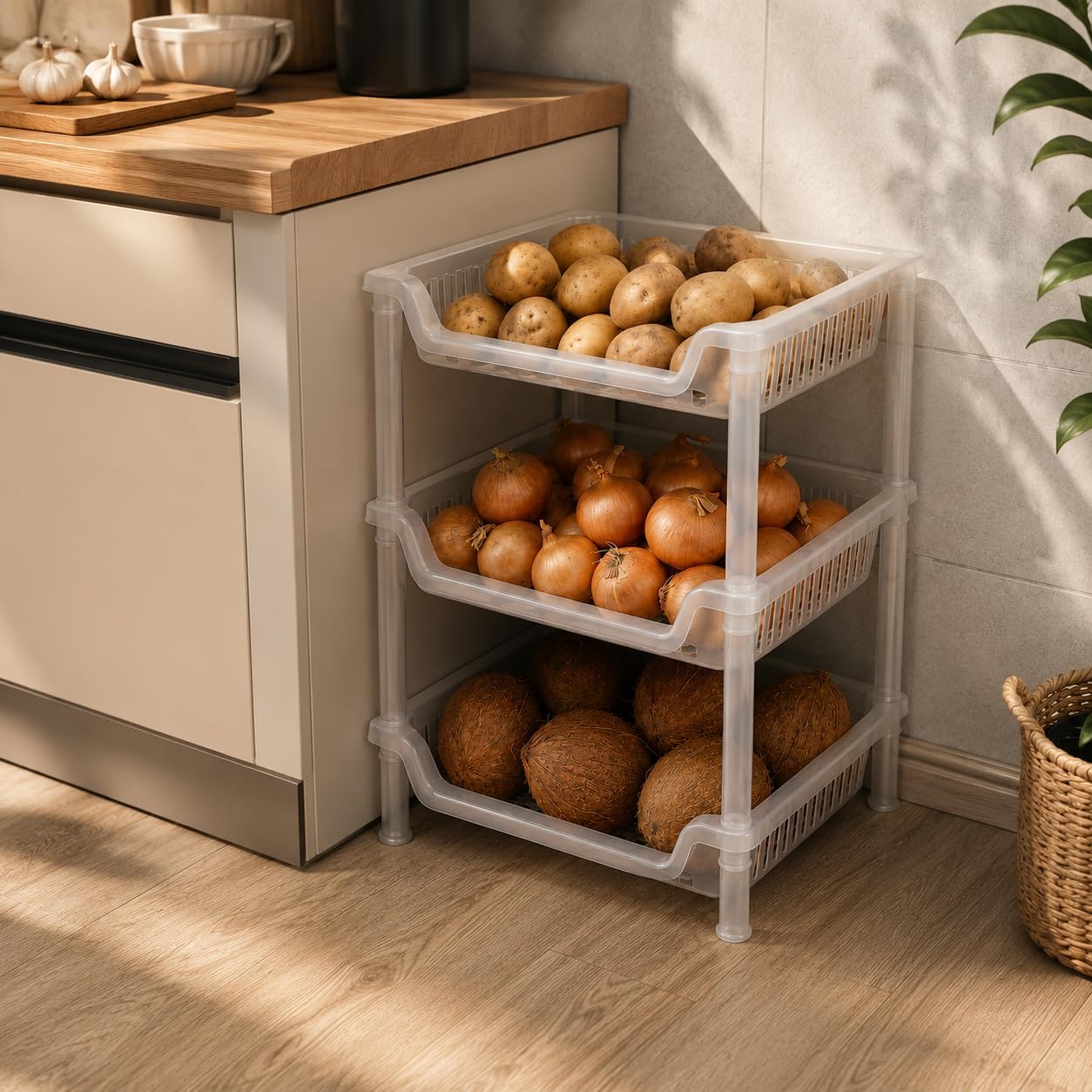Plastic Kitchen Vegetable Storage Rack | Multi-Use Potato Onion Garlic Organizer | Practical Floor Basket for Home - الصورة 3