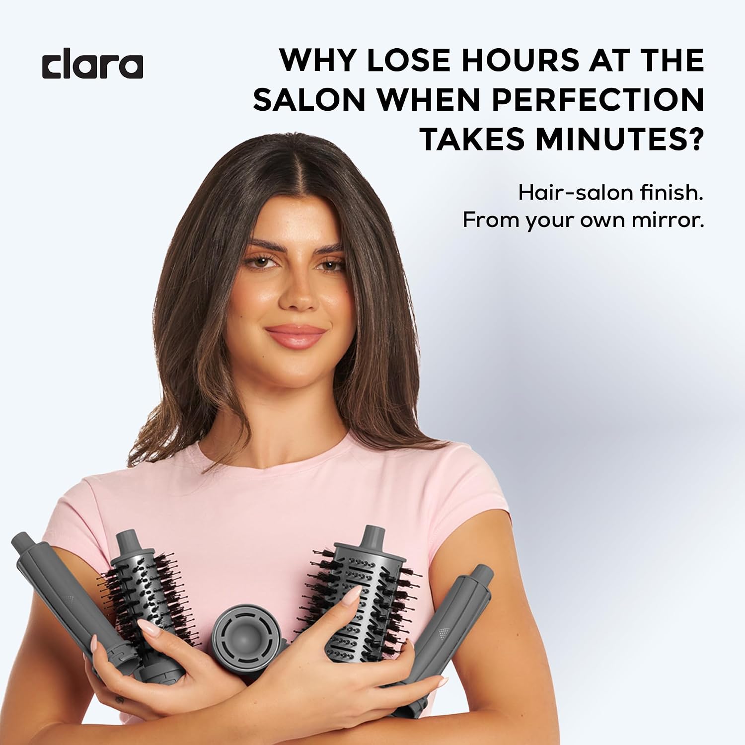 Clara 6-in-1 Diamond Silver Multi Styler with Auto-Wrap Curlers, Hair Dryer, & Brush (Round & Oval) for All Hair Types – 1500W Ionic Styling Tool for Frizz-Free Waves & Salon Blowouts - الصورة 7