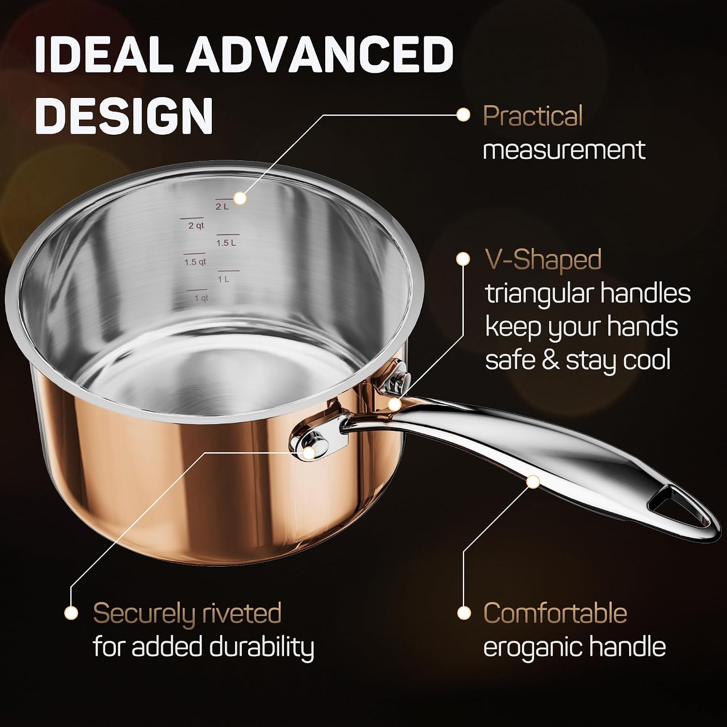 Ciwete Copper Pots and Pans Set Tri-ply Cookware Set 10 Piece, 18/10 Stainless Steel Pot and Pan Set with Stainless Steel Lid, More Nutritious, Include Stock Pot, Saucepan, Fry Pan - الصورة 5