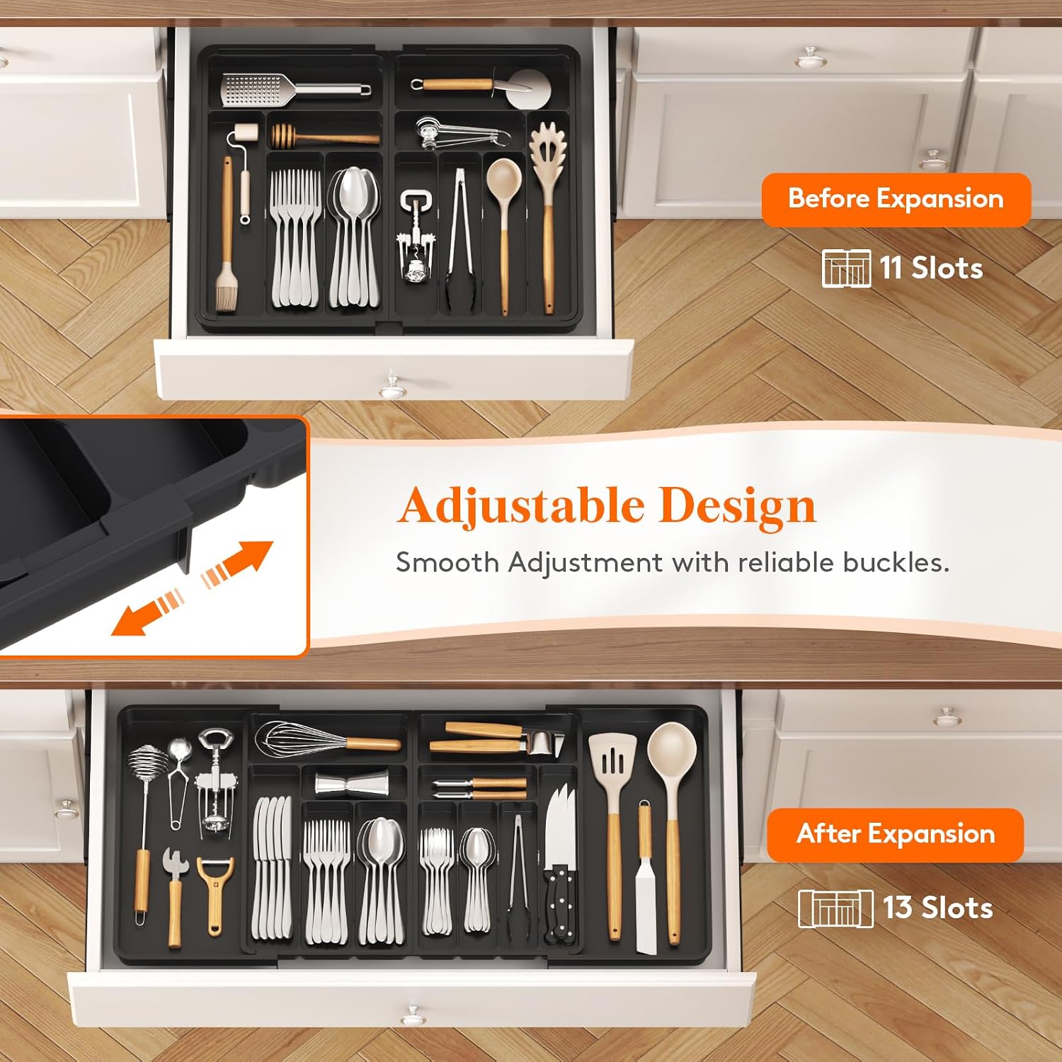 Lifewit Upgraded Large Cutlery Tray, Silverware Drawer Organizer, Expandable to 36 Inches Wide, Utensil Tray for Kitchen, Adjustable Flatware and Cutlery Holder for Spoons Forks Knives, Black - الصورة 4
