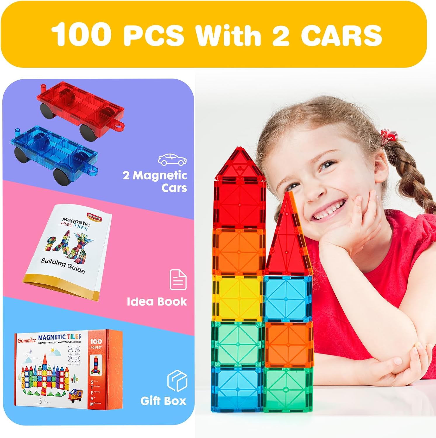Gemmicc Magnetic Tiles Building Blocks for Kids, STEM Approved Educational Toys,3D Magnet Puzzles Stacking Blocks for Boys Girls,100 PCS Advanced Set with 2 Cars - الصورة 2