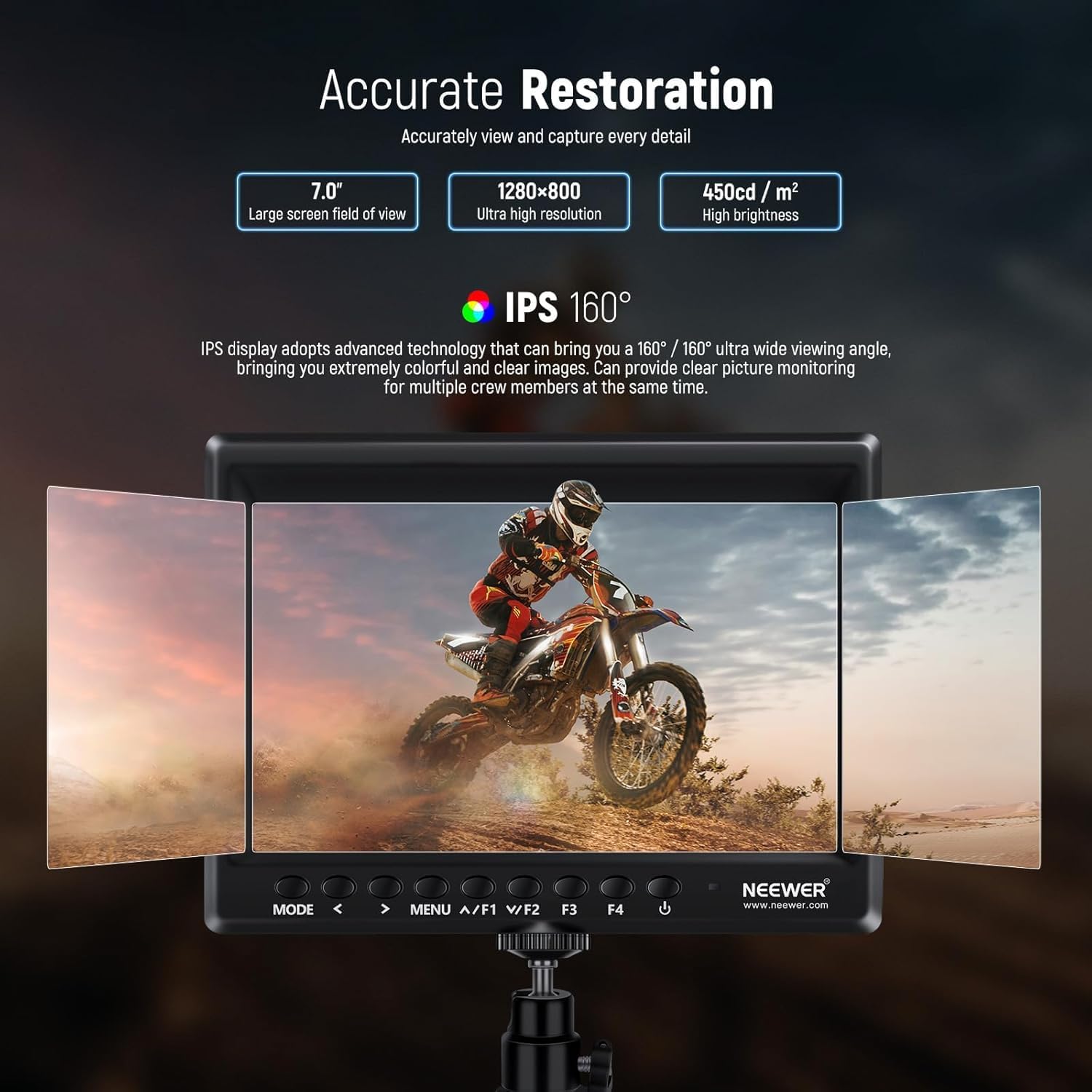 NEEWER F100 7 Inch Camera Field Monitor, 450nit HD Video Assist IPS 1280x800 HDMI 1080p with Peak Focus/Histogram/F750 Battery, 360° Ball Head for DSLRs, Handheld Stabilizer, Film Video Making Rig - الصورة 3