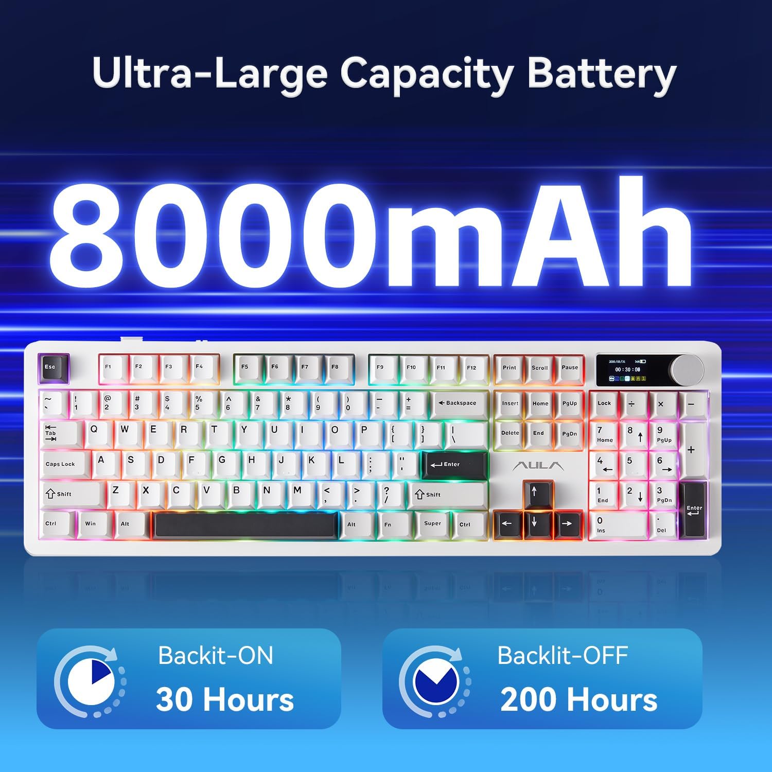 AULA F106PRO Wireless Keyboard, Full Size Mechanical Keyboard with Media Knob & Screen, 8000mAh Battery Hot Swappable Custom PBT keycaps Gaming Keyboard - Blaze Switch,Black White Grey - الصورة 5