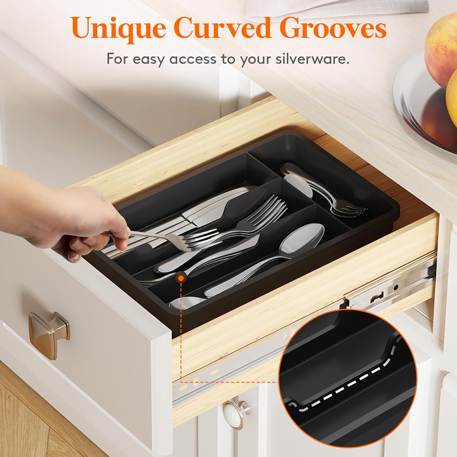 Lifewit Silverware Tray, Cutlery Drawer Organizer Storage for Kitchen, Plastic Flatware Utensil Holder Divider for Spoons Forks Knives Tableware, 4 Compartment, Black - الصورة 6