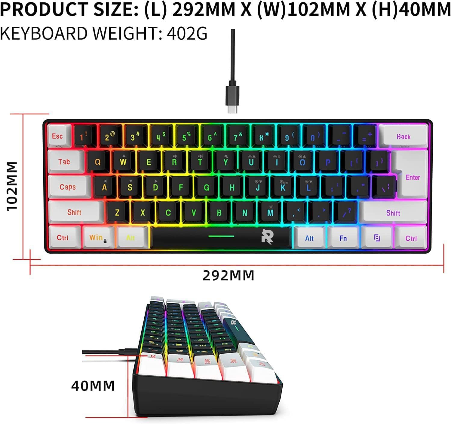 ROCK POW 60% Wired Gaming Keyboard, Small RGB Backlit Membrane Gaming Keyboard, Ultra-Compact Mini Waterproof for PC Computer Gamer White and Black - الصورة 6