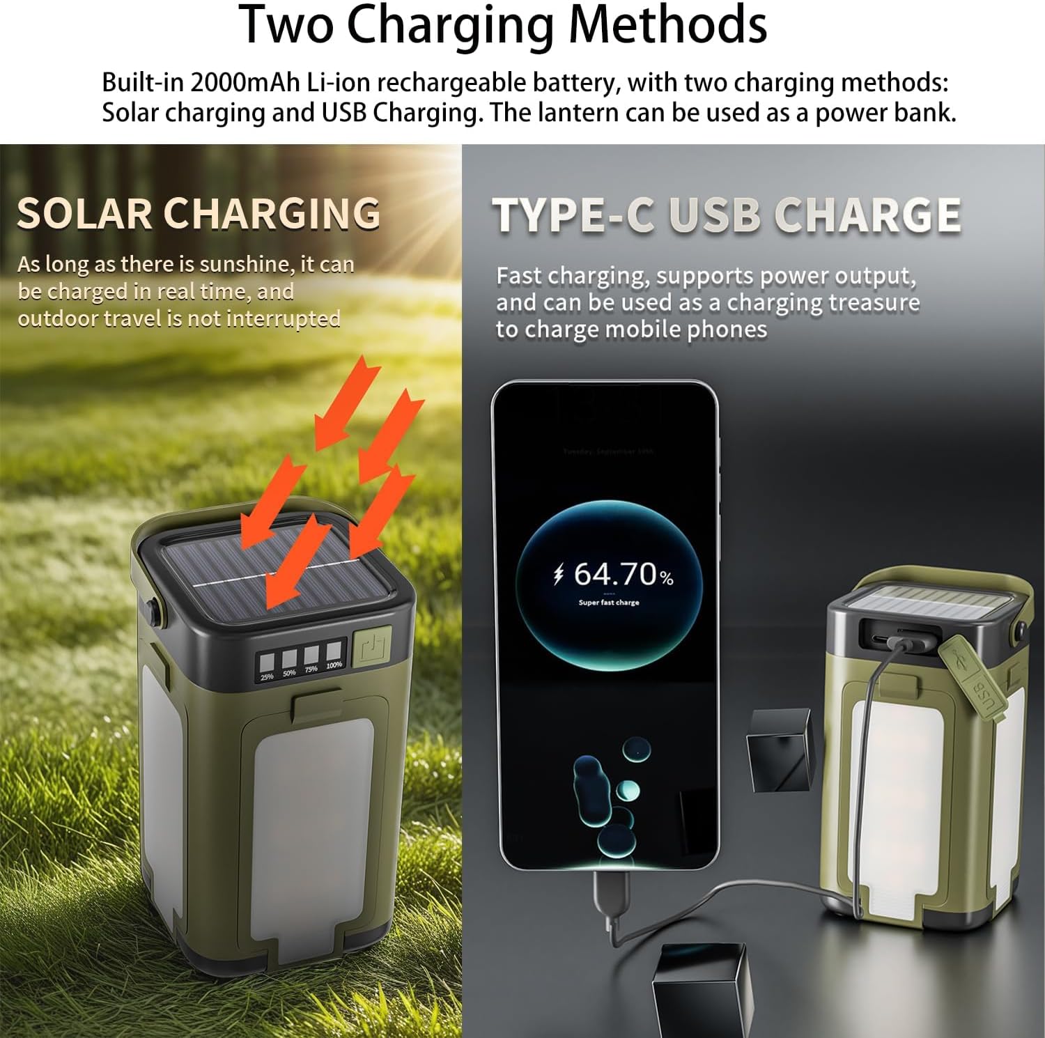 Rechargeable LED Camping Lantern, Portable Waterproof Camping Lamp with 2000mAh Large Capacity Battery, Solar-Powered Outdoor Light with 6 Lighting Modes or Hiking Gear Camping & Daily Use - الصورة 5