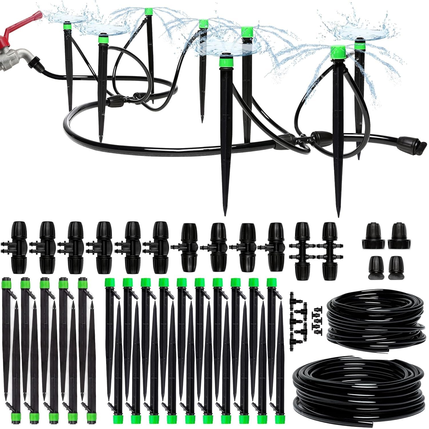 LinJie Drip Irrigation Kit, Adjustable Premium Complete Drip Irrigation System Kit for Garden, Raised Beds with Drip Emitters, 5/16" and 1/4" Irrigation Tubing and Barbed Fittings