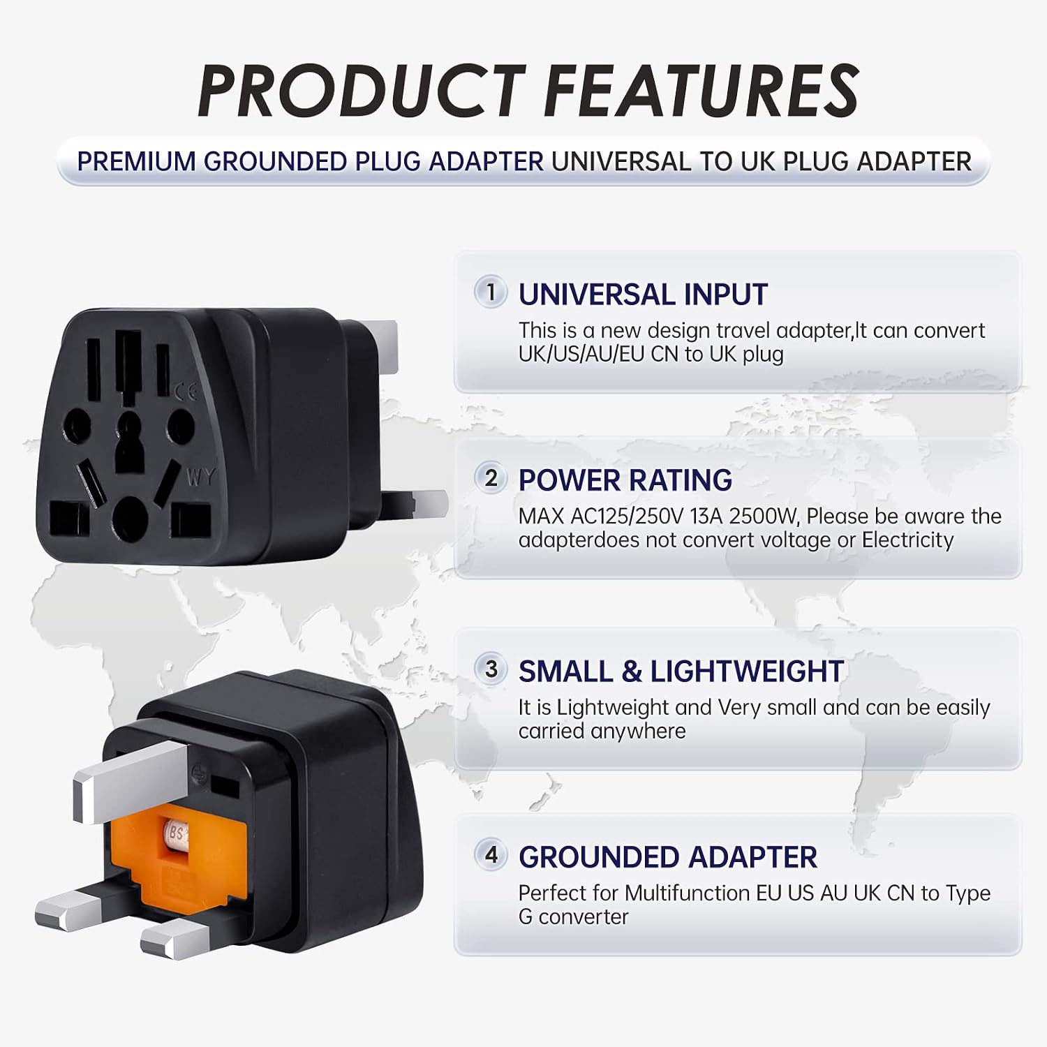 infino™ World to UK Travel Adapter (3-Pack, Black) - Universal 3-Prong Power Converter, Transforms US/JP/AU/EU/CN plugs to UK - Grounded, Safe & Compact for All Devices, Includes 13A Fuse + 2 Spares - الصورة 2