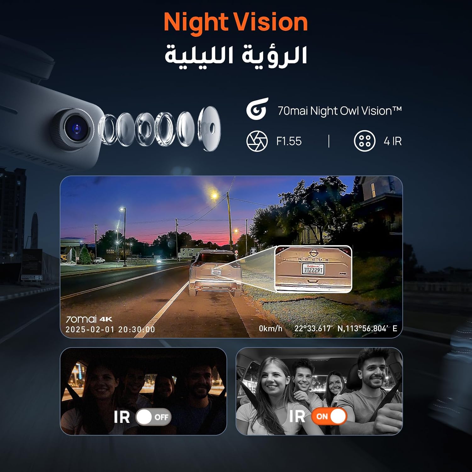 70mai T800E 3 Channel Dash Cam Front + Rear + Inside, 4K+1080P+1080P Car Dash Camera, 64GB SD Card Included, GPS, Wi-Fi 6, Night Vision, Loop Recording, Supercapacitor, Optional 24H Parking Mode - الصورة 4