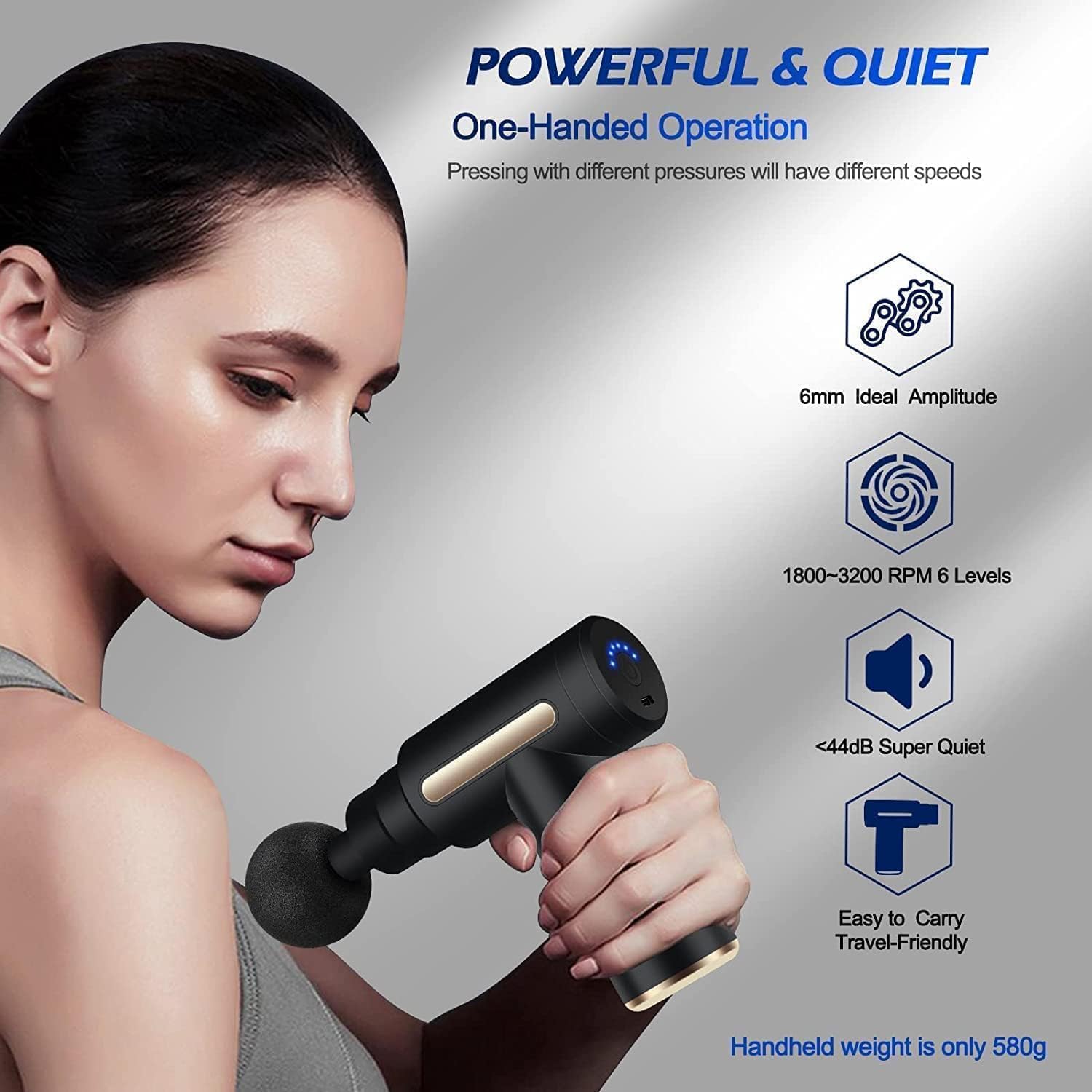 SKY-TOUCH Massage Gun,Professional Muscle Percussion Massager with 6 Speeds,Quiet Portable Electric Massager for Shoulder, Body,Back,and Physiotherapy,Compact Cordless Design,19x13x4.5cm (Black) - الصورة 6