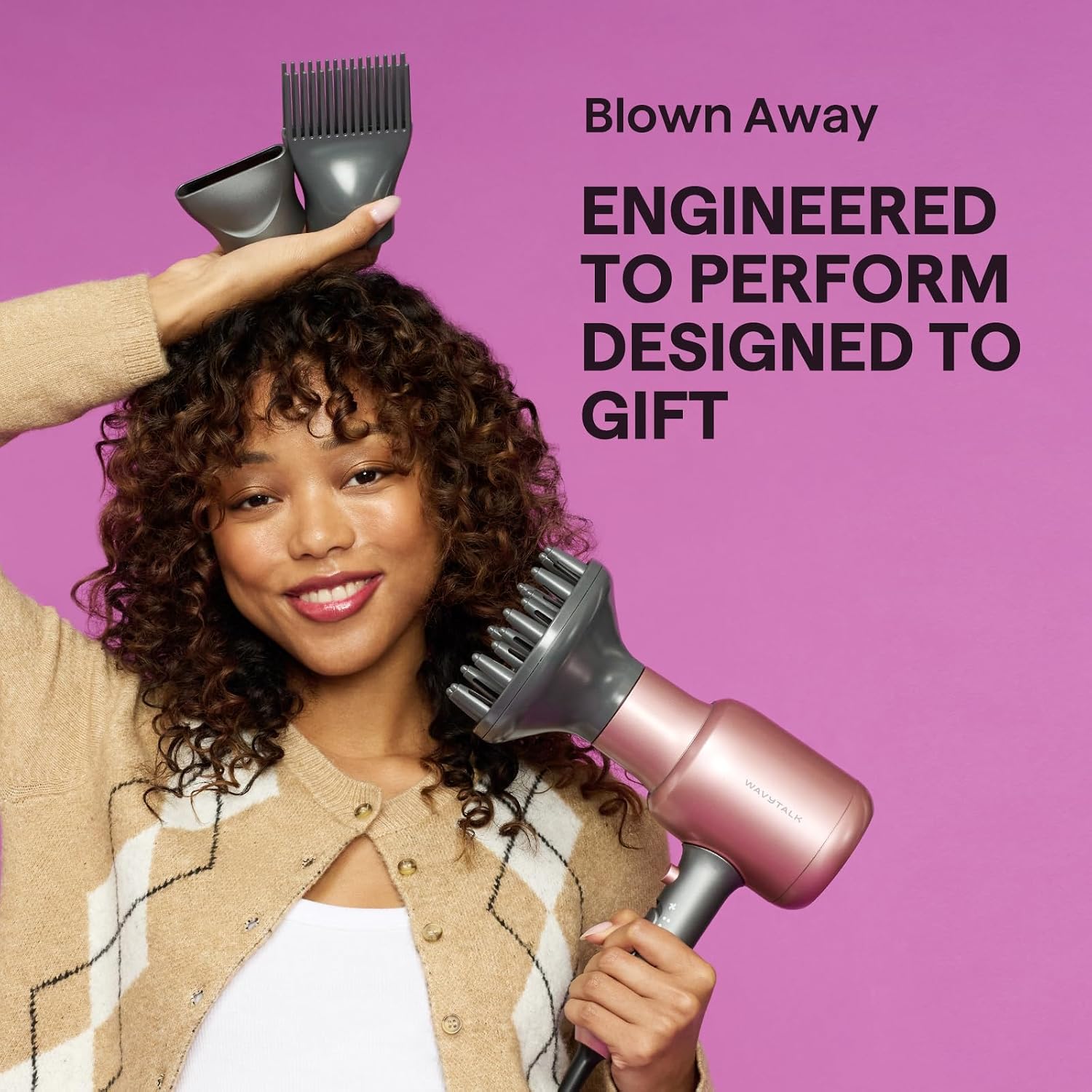 Wavytalk Hair Dryer, Blown Away Ionic Hair Dryer for Curly Hair with Diffuser, 1875W Fast Drying Blow Dryer with Ceramic Technology, 3 Attachments for All Hair Types, Light and Quiet, Rose Gold - الصورة 8