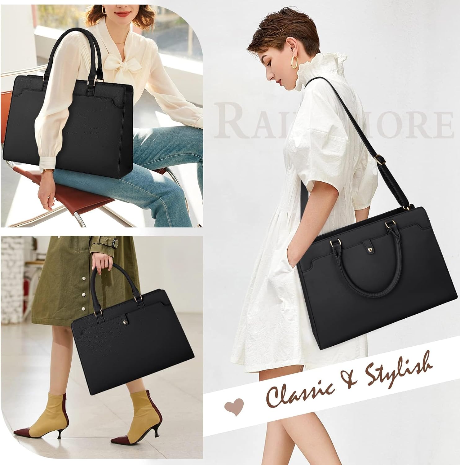 Laptop Bag for Women, 15.6 Inch Leather Office Work Bag with Mezzanine, Waterproof Large Capacity Briefcase, Dual Purpose Handbag Shoulder Bag for Business, Travel, Casual, Black - الصورة 7