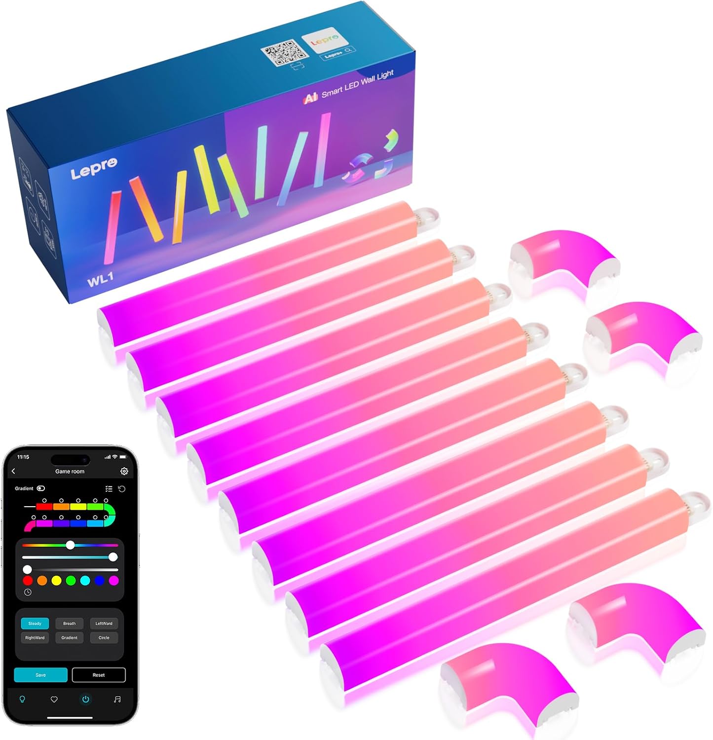 Lepro WL1 AI Smart Wall Light, Music Sync LED Light Bar, Voice Control, Segmented DIY, Personalized AI Lighting Designer, for Home Decor, Gaming Setup, Works with Alexa, 8 Pcs with 4 Corners