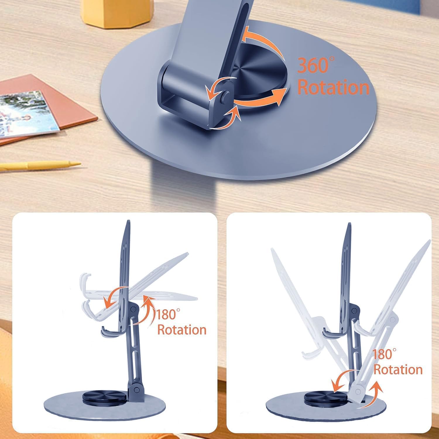 MOMENT Mobile Phone Tablet Stand for Desk, Aluminum Metal Foldable Desktop Cell Phone Holder Adjustable with 360° Rotation Universal for Smartphones, iPad, Tablets up to 13 Inches - الصورة 4