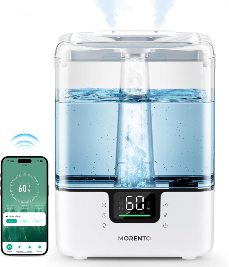 MORENTO Smart Humidifier for Bedroom Room, 6L Cool Mist Top Fill Humidifier with Timer, Aroma Diffuser, 7 Night light, App & Voice Control, Quiet 26dB, Up to 60H for 50㎡, White