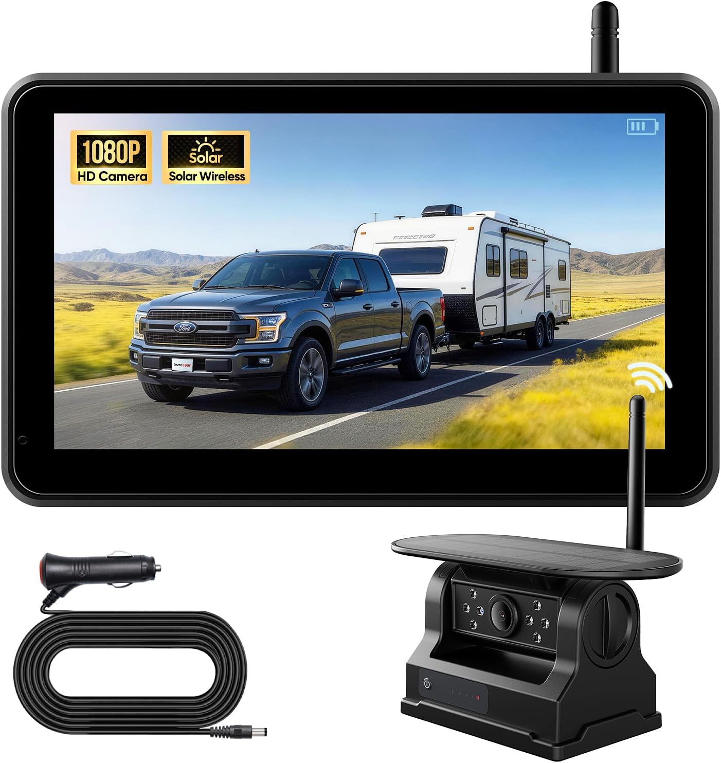 7" Portable 1080P Solar Wireless Car Backup Camera Dash Cam with Monitor