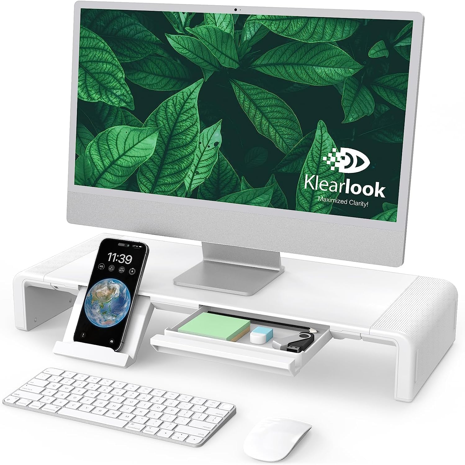 XICEN Foldable Monitor Stand, Computer Monitor Riser, Desk Shelf Riser with Storage Drawer Tablet Phone Stand for Computer, Desktop, Laptop (White) - الصورة 9