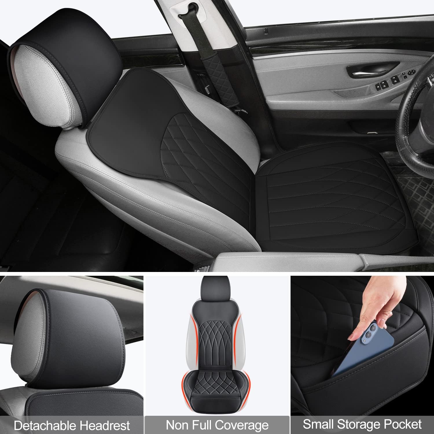 BEITK 2 Pack Leather Front Car Seat Covers, Universal Sideless Car Seat Protectors with Storage Pocket and Seat Belt Pads, Waterproof Automotive Seat Cover for Cars Trucks SUV(Black) - الصورة 4