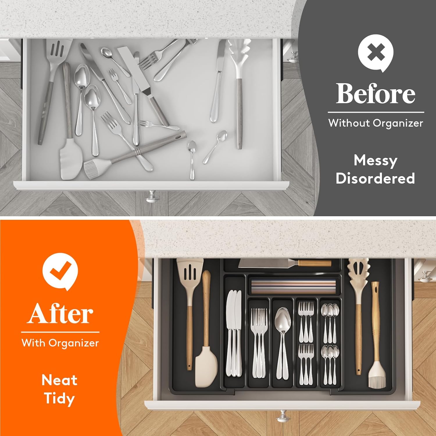 Lifewit Silverware Drawer Organizer, Expandable Utensil Organizer for Kitchen Drawers, Adjustable Cutlery and Flatware Tray, Plastic Spoons Forks Knives Holder Storage Dividers, Large, Black - الصورة 8