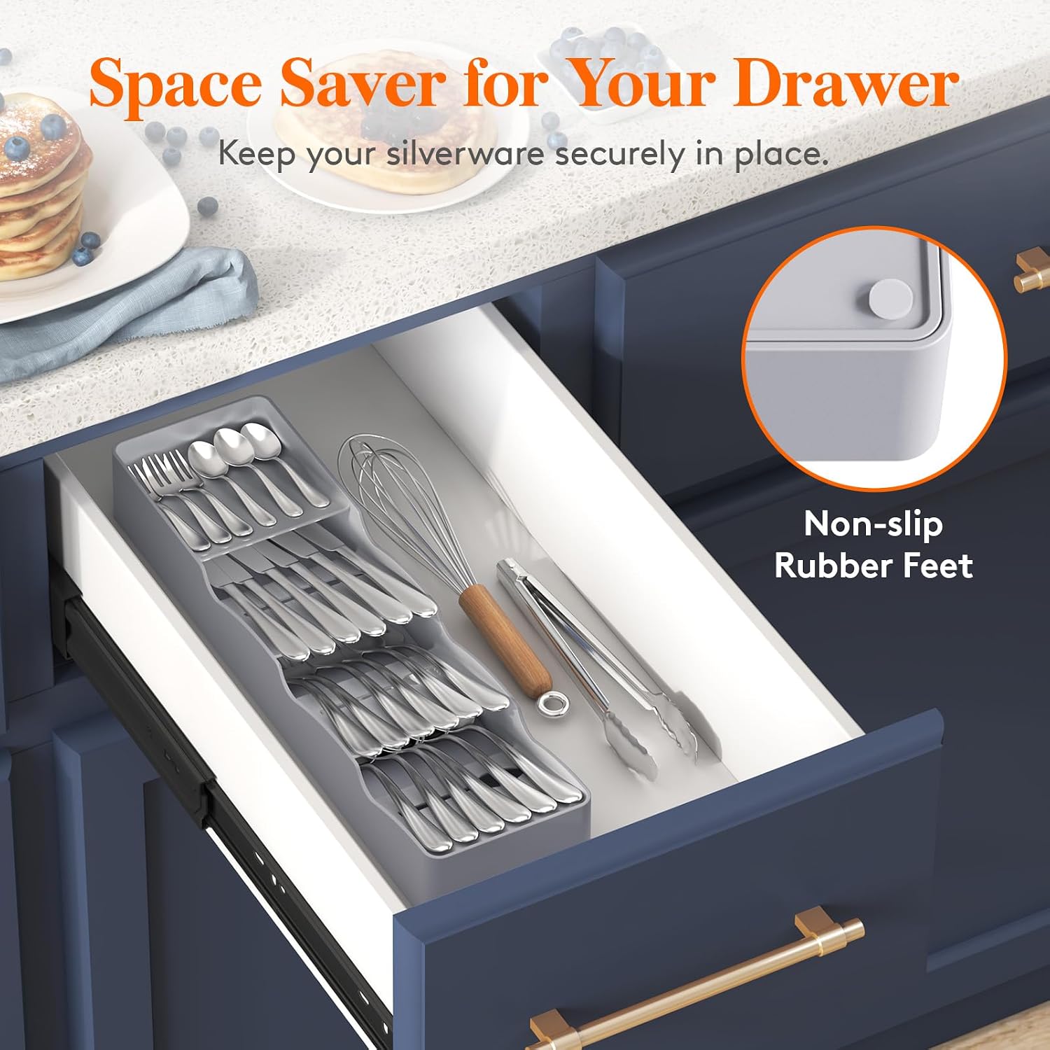 Lifewit Small Flatware Drawer Organizer, Compact Narrow Silverware Tray for Kitchen Drawers, Plastic Cutlery Holder for Spoons, Forks, Knives – Fits Small & Slim Kitchen Drawers, Gray - الصورة 2