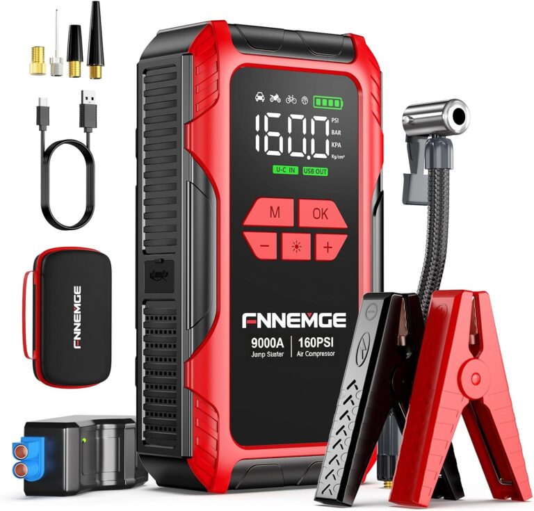 FNNEMGE 9000A Jump Starter with Air Compressor, 26800mAh 12V Battery Booster(for All Gas/10.0L Diesel), 160PSI Tire Inflator, with USB Output,2 LED Light,HD Large Screen.