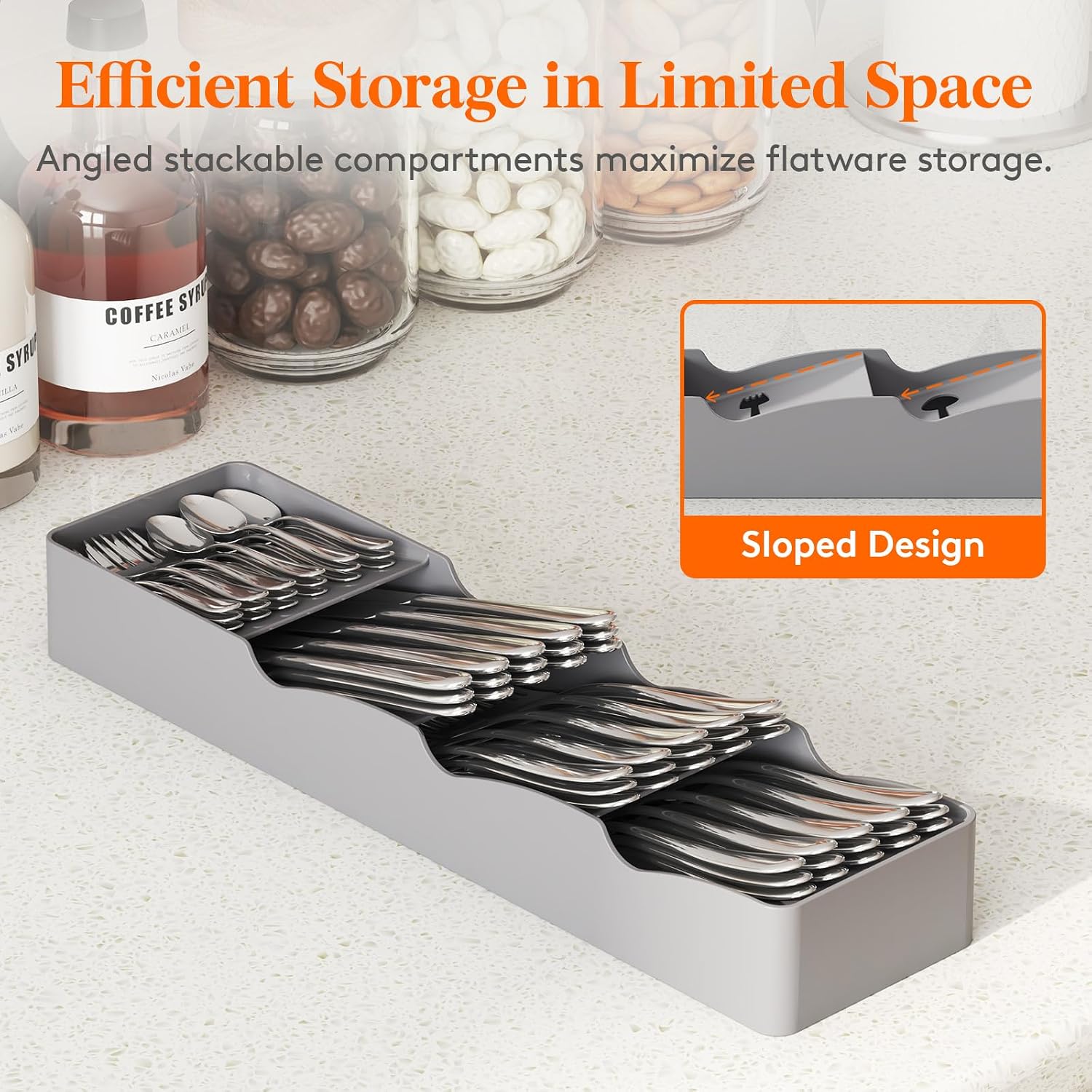 Lifewit Small Flatware Drawer Organizer, Compact Narrow Silverware Tray for Kitchen Drawers, Plastic Cutlery Holder for Spoons, Forks, Knives – Fits Small & Slim Kitchen Drawers, Gray - الصورة 5