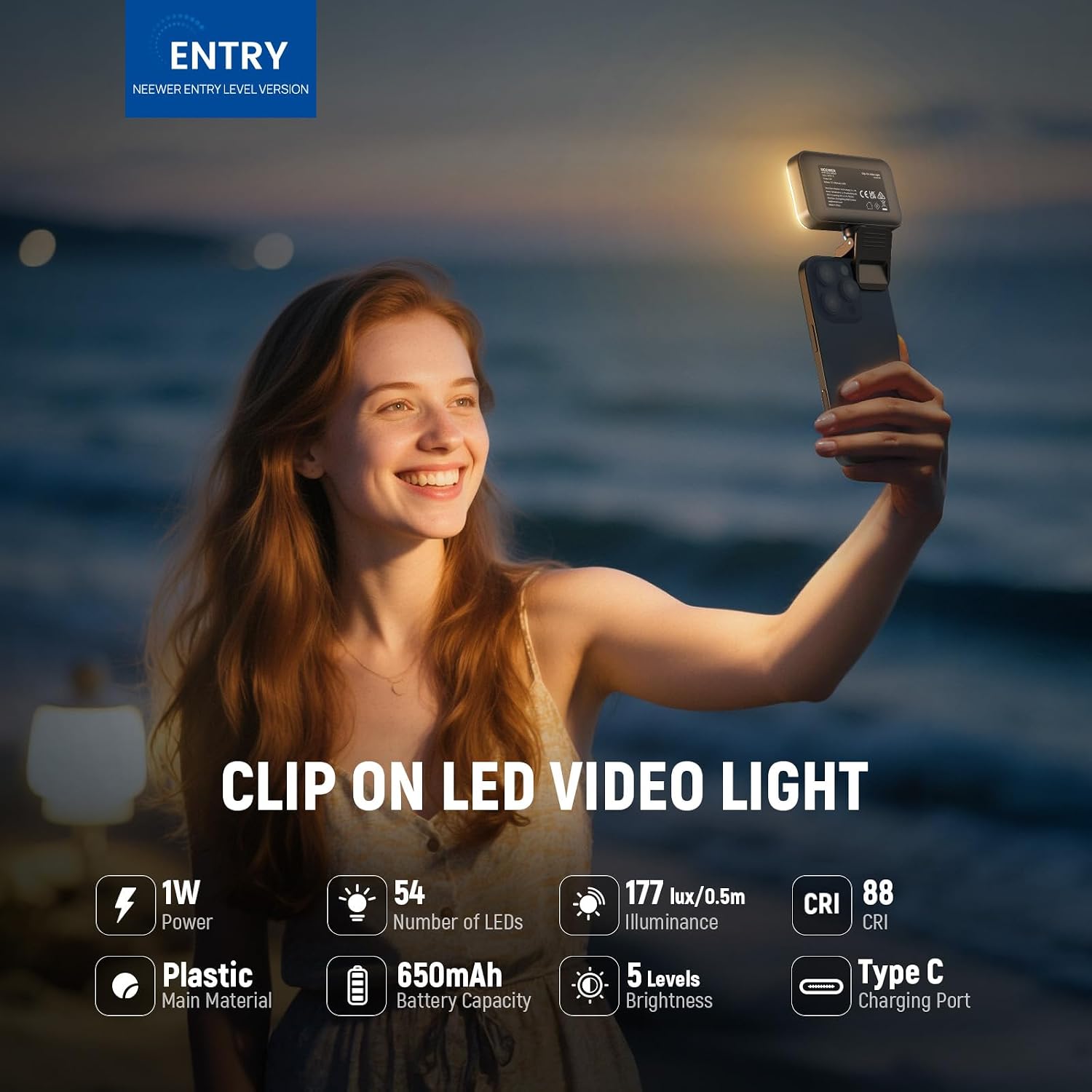 NEEWER Entry Level Version LED Selfie Light, 54 LEDs Plastic Clip on Phone Fill Lighting for iPhone, CRI88 650mAh, Portable for Computer Laptop Webcam Zoom Video Conference Makeup Recording, N8 - الصورة 3