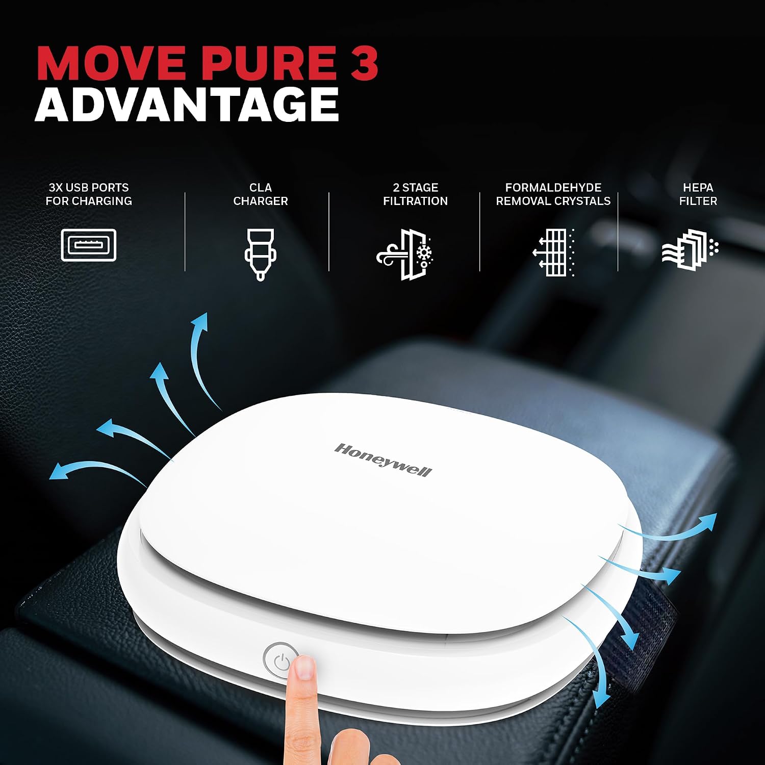 Honeywell Move Pure 3 Car Air Purifier.Hepa filter & Ionizer with PM0.1 particles removes 99.9% pollutants,allergies/pet allergies,dust,smoke,CADR upto 17 m³/h. with 3 x USB ports for charging - الصورة 6