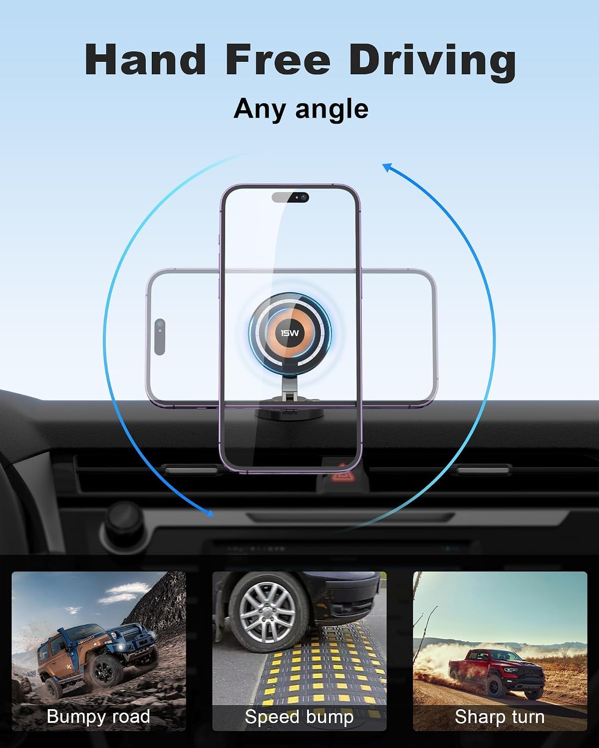 Magnetic Wireless Charger, 15W Fast Charging Mag-Safe Car Mount,Magnetic Car Phone Holder Mount, for iPhone 15, 14, 13, 12 and All Smartphones - الصورة 4