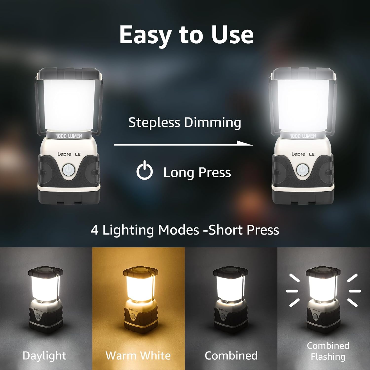 Lepro Outdoor LED Camping Lantern, 1000LM, D Batteries Powered (not included), Dimmable Camping Lights, Waterproof, Portable Tent Light Camping Lamp for Hiking, Fishing,White - الصورة 3