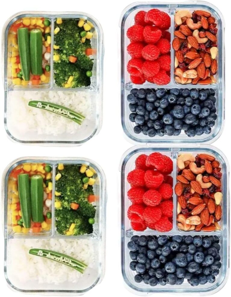 k R M Glass Meal Prep Containers, oz 36, Food Storage Containers with Lids Safe, Microwave, Freezer, Oven, Leak Proof (4 Pack in 3 Sections)