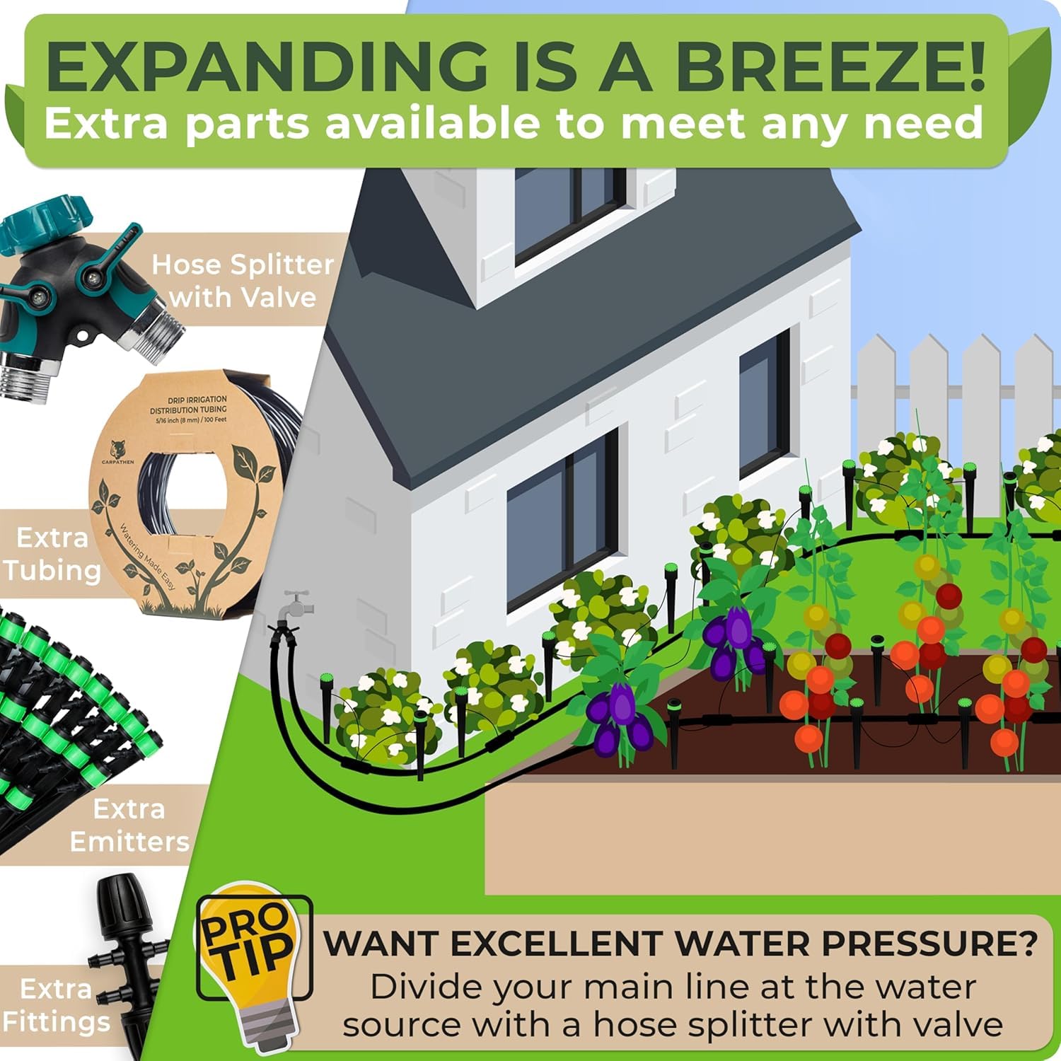 LinJie Drip Irrigation Kit, Adjustable Premium Complete Drip Irrigation System Kit for Garden, Raised Beds with Drip Emitters, 5/16" and 1/4" Irrigation Tubing and Barbed Fittings - الصورة 5