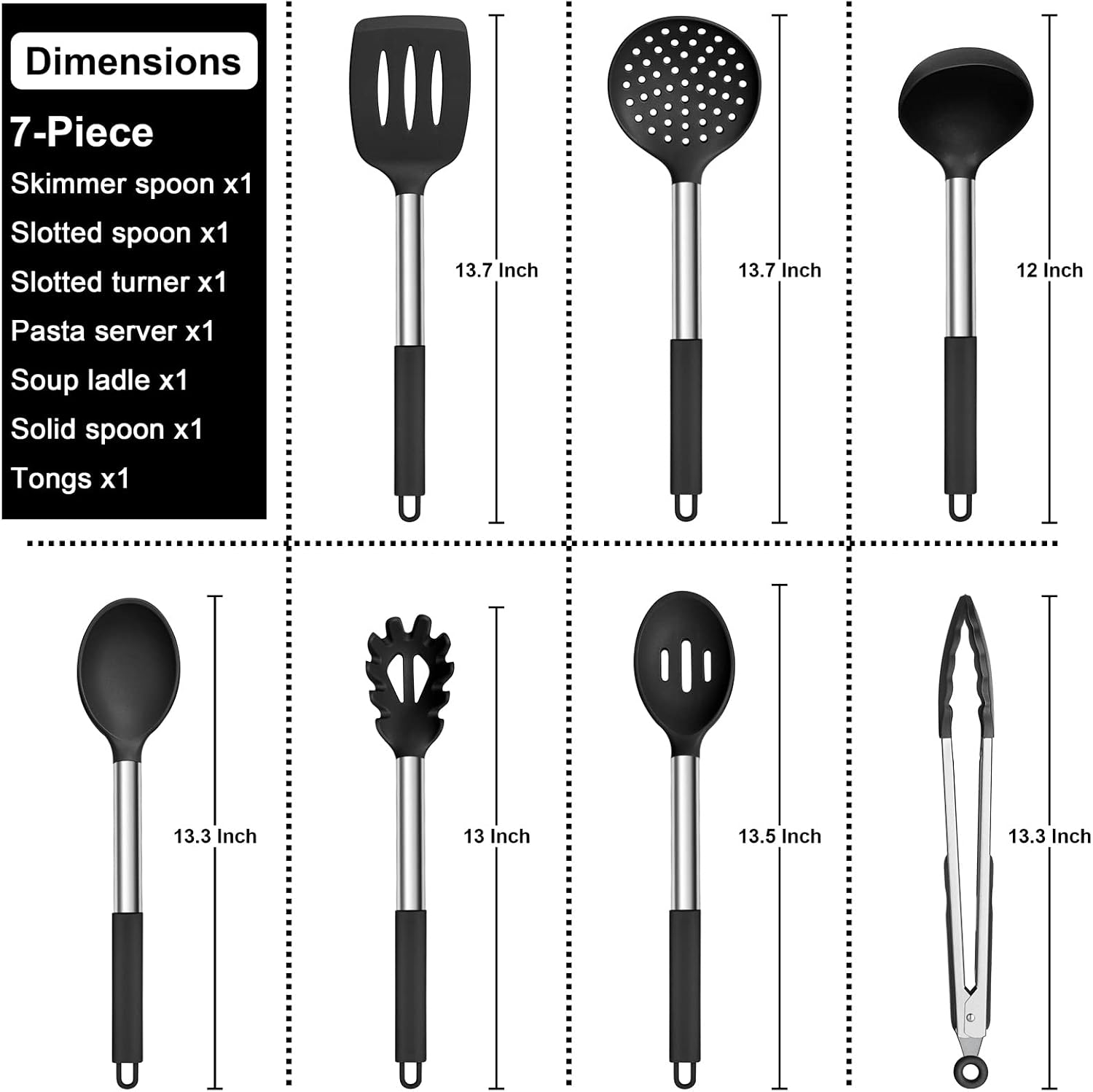 E-far Silicone Kitchen Utensil Set, 7 Piece Heat-Resistant Kitchen Utensil Set with Stainless Steel Handle, Slotted Spatula, Spoon, Soup Ladle, Pasta Server, - الصورة 2