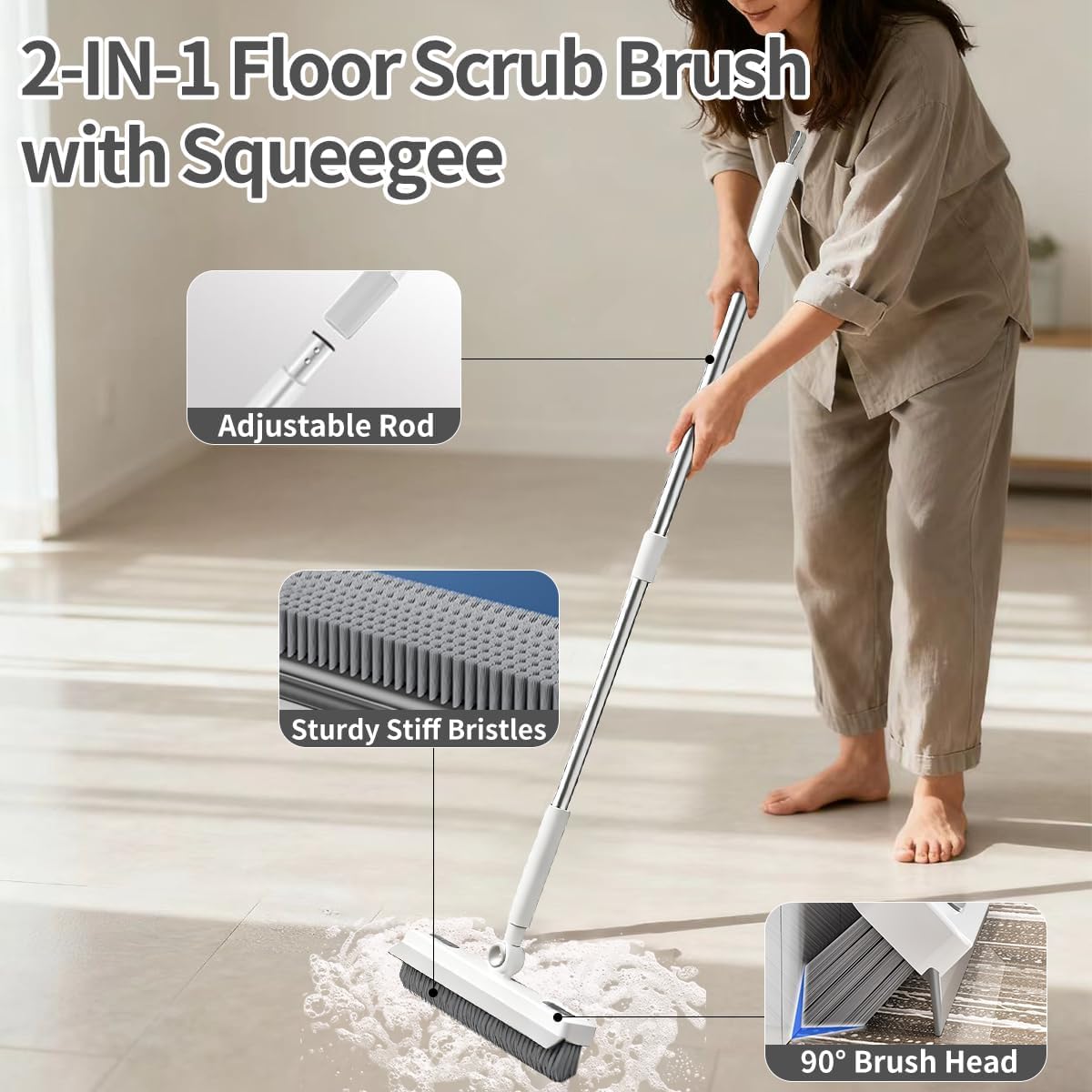 Floor Scrub Brush, 2 in 1 Cleaning Brush with Long Handle,Floor Scrubber Suit for Kitchen, Bedroom, Patio, Shower, Garage & Deck - Heavy Duty Tile, Concrete & Wood Surface Scrubber (white) - الصورة 2