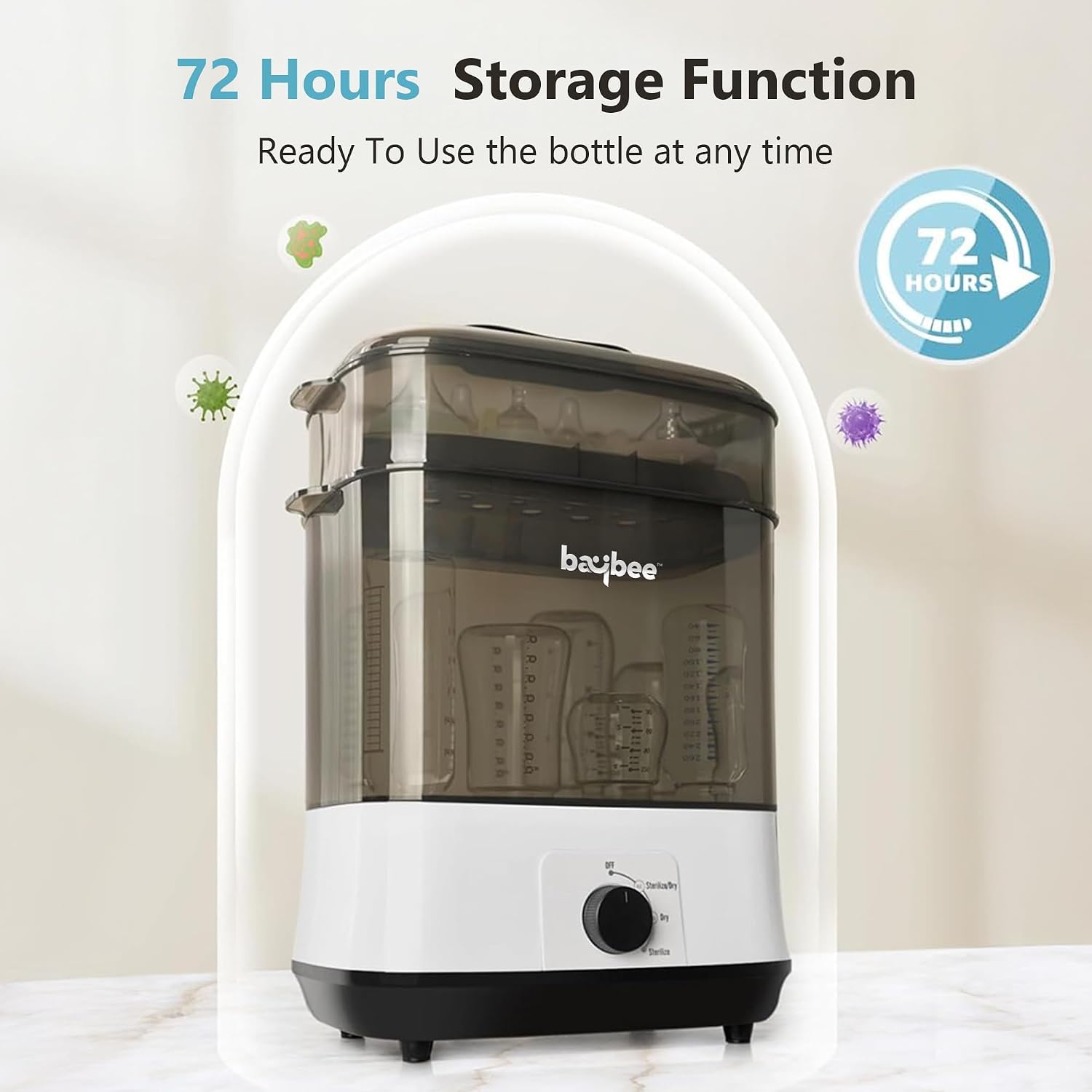Baybee Baby Bottle Sterilizer and Dryer | Electric Steam Bottle Drying with 72-Hour Storage & 8 Bottles Large Capacity | Puresteam Baby Fast 360° Sterilization with One Knob Control & BPA Free - الصورة 7