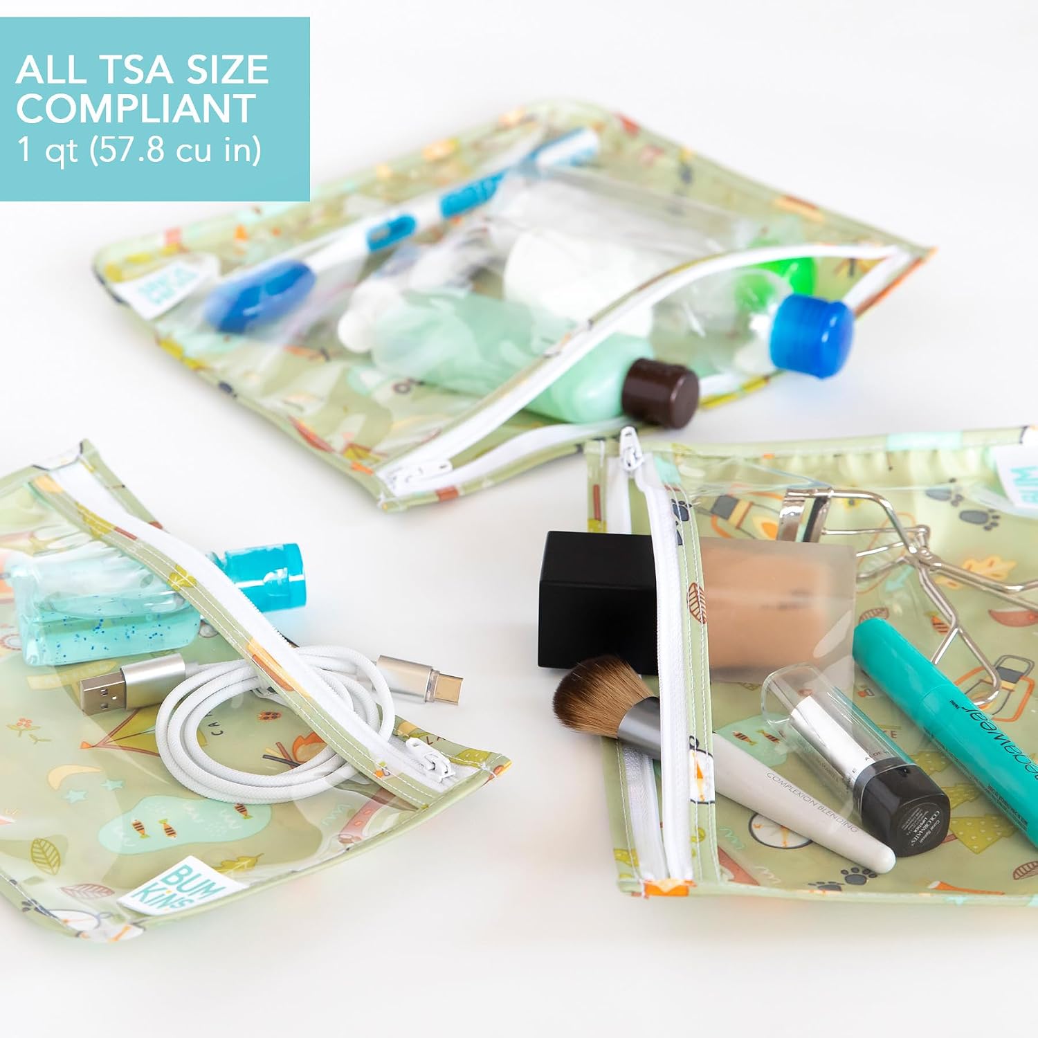 Bumkins Travel Bag, Toiletry, Baby, TSA Approved Pouch, Zip Bag, Quart Size Compliant, Clear-Sided, Diaper Bag Organization, Makeup, Accessories, Set of 3 - الصورة 3