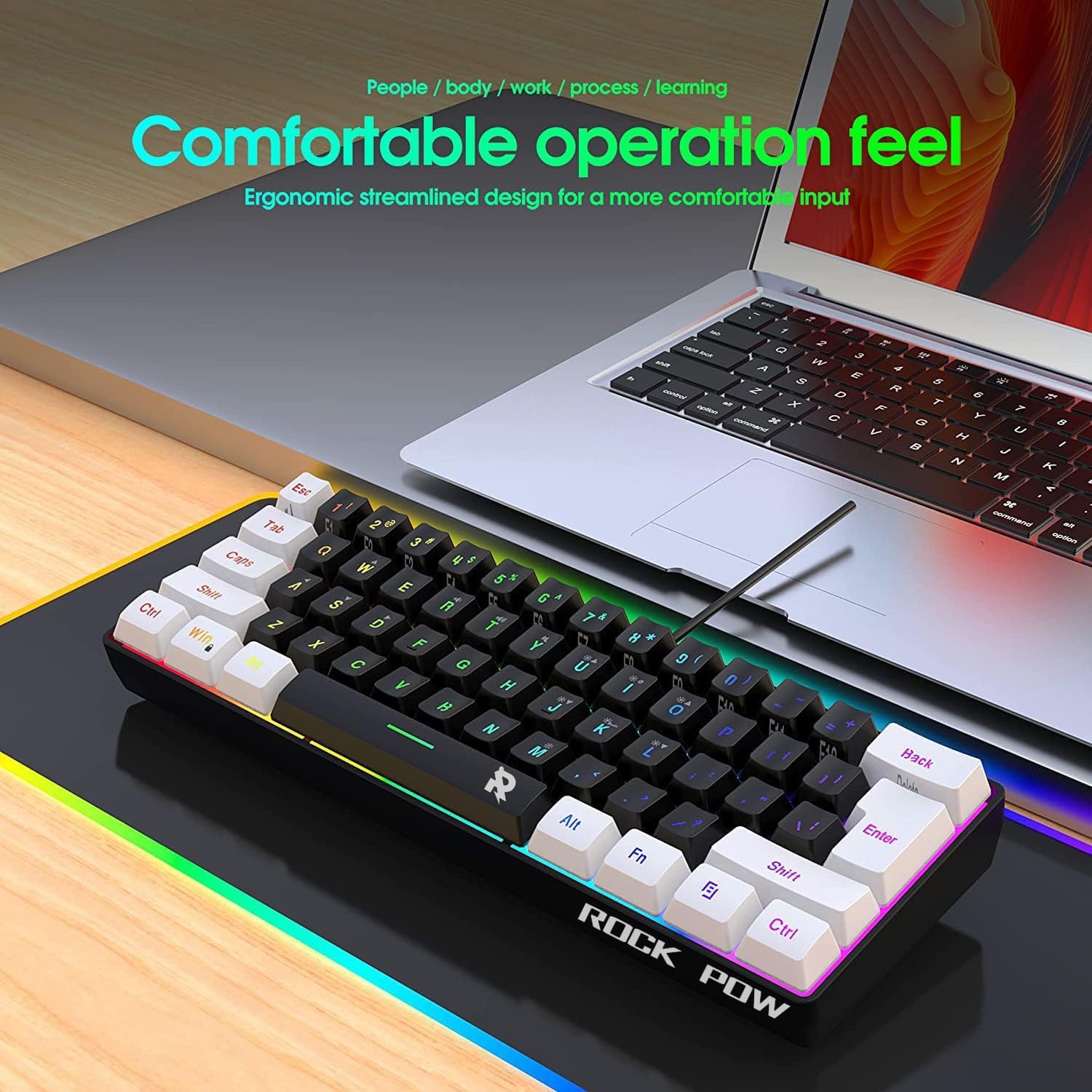 ROCK POW 60% Wired Gaming Keyboard, Small RGB Backlit Membrane Gaming Keyboard, Ultra-Compact Mini Waterproof for PC Computer Gamer White and Black - الصورة 7