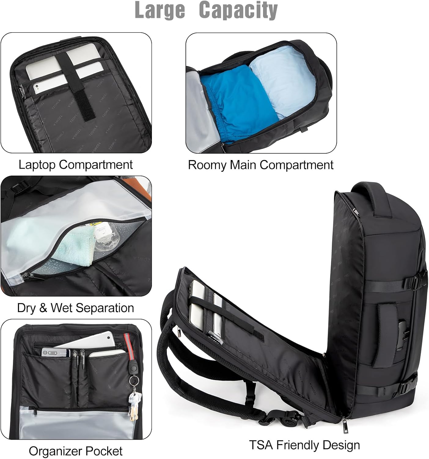 Tzowla Travel Laptop Backpack for Men Women Flight Approved,40L Large Capacity Water Resistant Anti Theft Backpacks with USB Port - الصورة 3