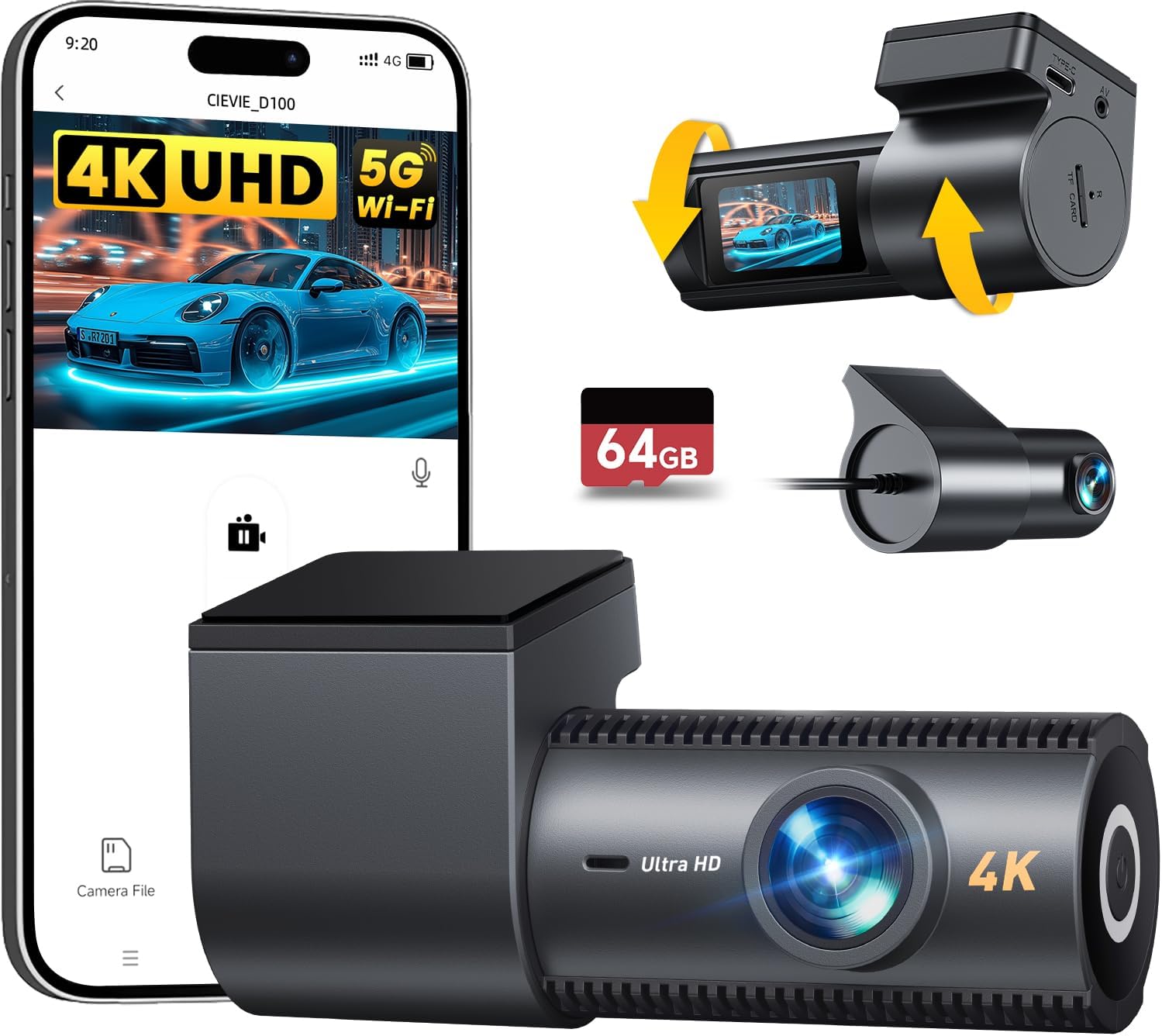 4K داش كام, Dash Cam for Cars with 64GB SD Card, 5Ghz WiFi, G-Sensor