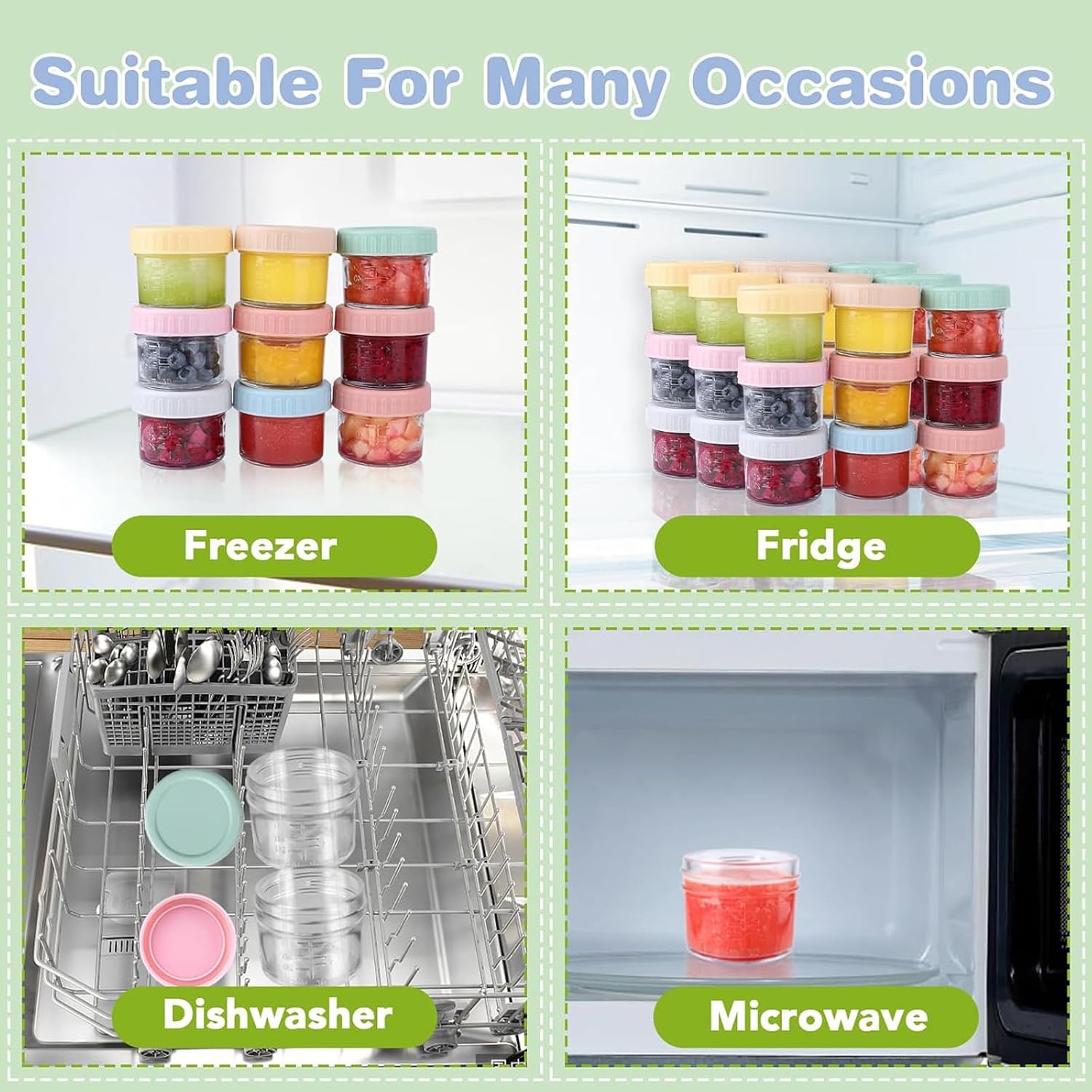 12 Piece Glass Baby Food Storage Containers 4 OZ Seal Leakproof Baby Food Jars with Lids Dishwasher Freezer and Microwave Safe for Seasonings, Jam, Soy Sauces Meal Prep Jars with Measurement Marks - الصورة 7