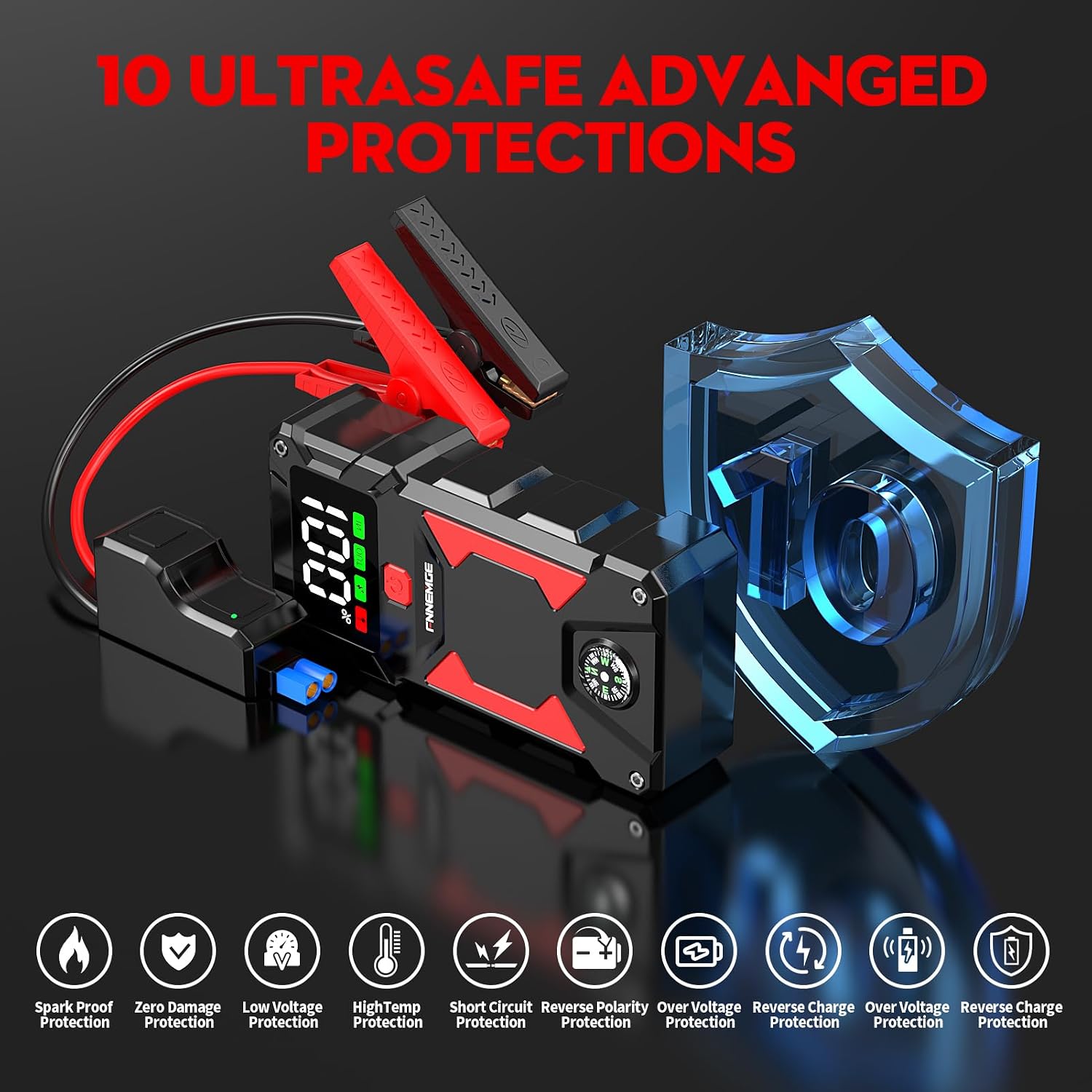 FNNEMGE Car Jump Starter, 6000A Peak 12V Jump Starter Battery Pack(Up to All Gas, 10.0L Diesel Engine),with USB Charge Output Port,LED Light,HD Large Screen,12V EC-5 Output. - الصورة 3