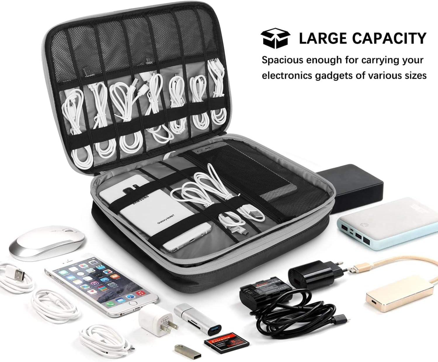 Double Layers Large Capacity Travel Electronic Accessories Organizer Bag, 2 Front Pockets Travel Gadget Carry Case, Perfect Size Fit for iPad,iPhone,Cables,Power Bank,Tablet(10.2’’)-Black - الصورة 7