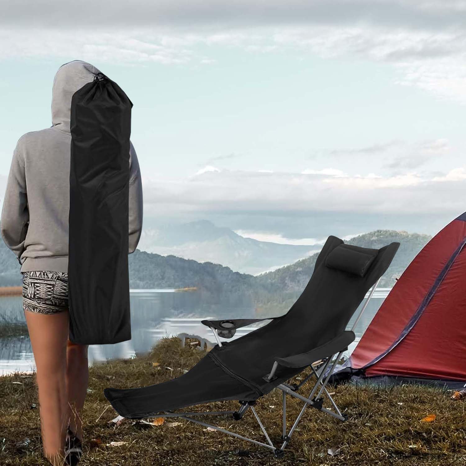 Folding Camping Chair, 2in1 Camping Lounge Chair, Portable Camping Outdoor Chair, Sunbathing Iounge Chair with Footstool, Cup Holder, Headrest, Armrests and Storage Bag, Suitable for Camping,Garden - الصورة 2