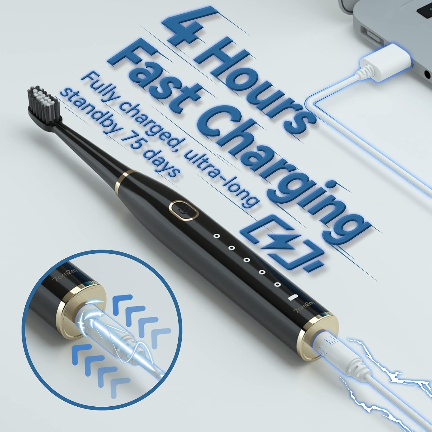 7AM2M Sonic Electric Toothbrush for Adults and Kids- High Power Rechargeable Toothbrushes with 8 Brush Heads,5 Adjustable Modes, Built-in 2-Minute Smart Timer,4 Hours Fast Charge for 30 Days (Black) - الصورة 3
